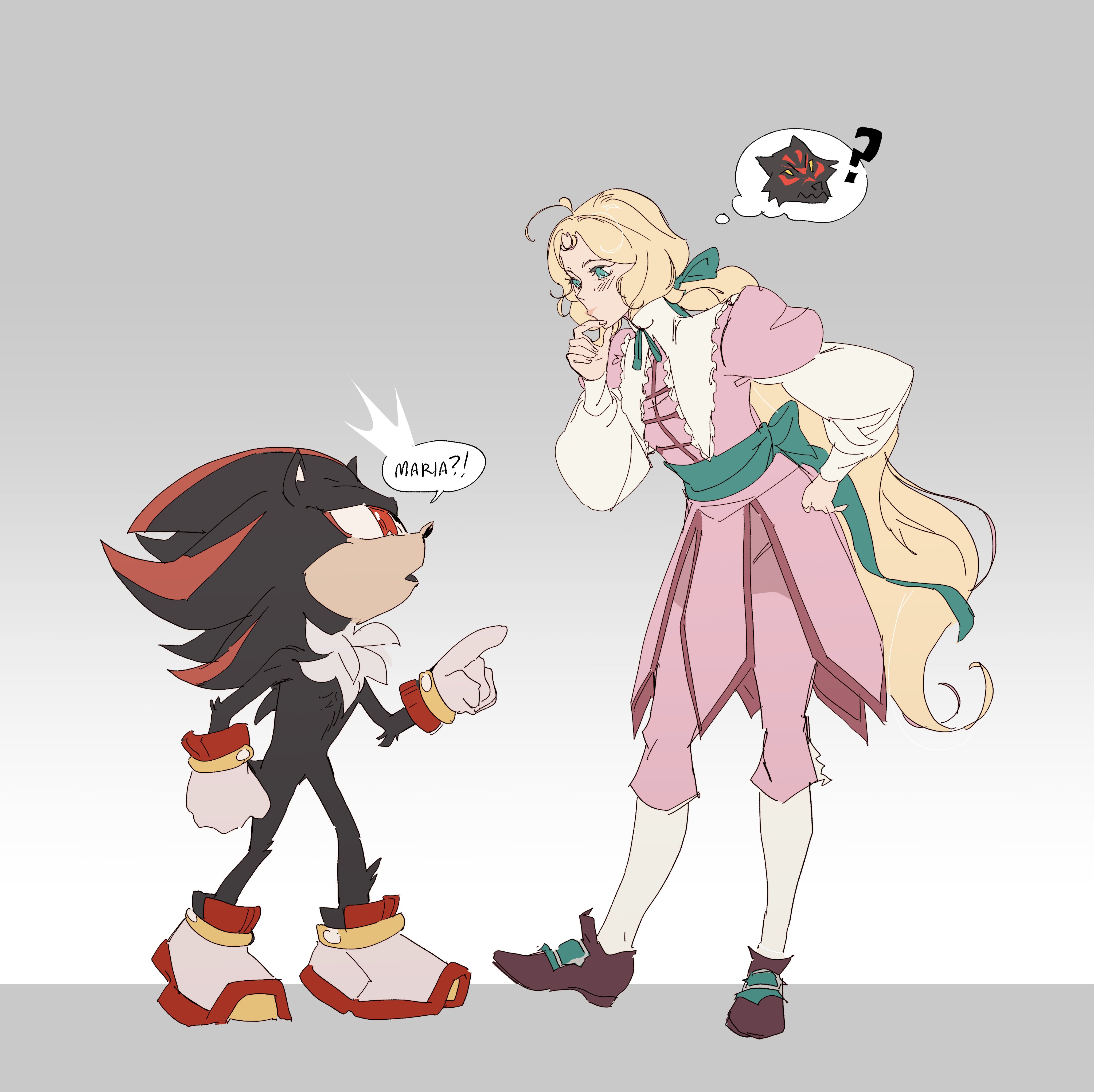 maria renard, shadow the hedgehog, castlevania: nocturne, castlevania (series), sonic (series), absurdres, commentary, english commentary, highres, 1boy, 1girl, ?, black fur, black hair, blonde hair, blue eyes, cass-a-rollie, closed mouth, crossover, dress, english text, gradient background, name connection, open mouth, pink dress, pointing, pointing at another, ponytail, red eyes, red fur, simple background, speech bubble, thighhighs, thinking, thought bubble, white fur, white thighhighs