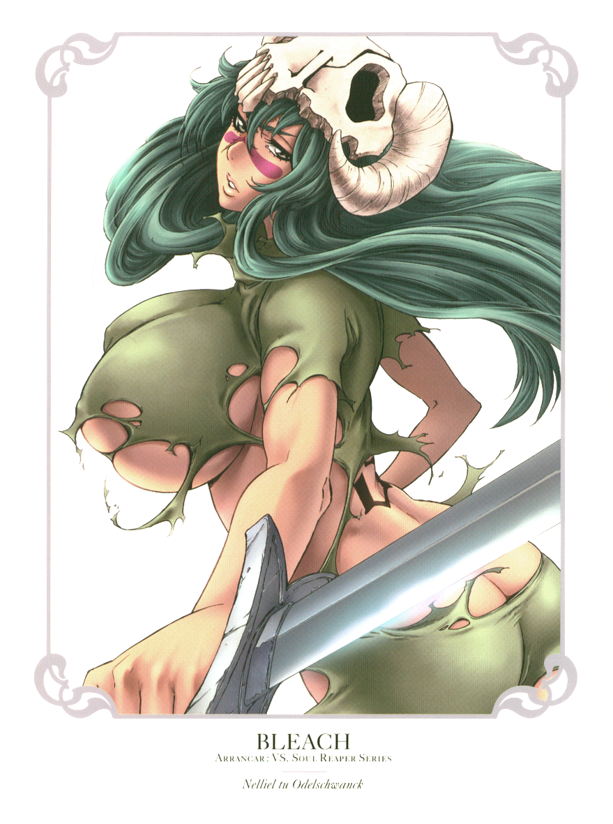 kubo tite, nelliel tu odelschwanck, bleach, official art, scan, 00s, 1girl, aqua hair, arrancar, ass, breasts, butt crack, copyright name, covered erect nipples, facepaint, facial mark, female focus, green hair, grey eyes, hollow (bleach), huge breasts, katana, long hair, no bra, no panties, number tattoo, revealing clothes, scar, skull, solo, sword, tattoo, torn clothes, underboob, weapon