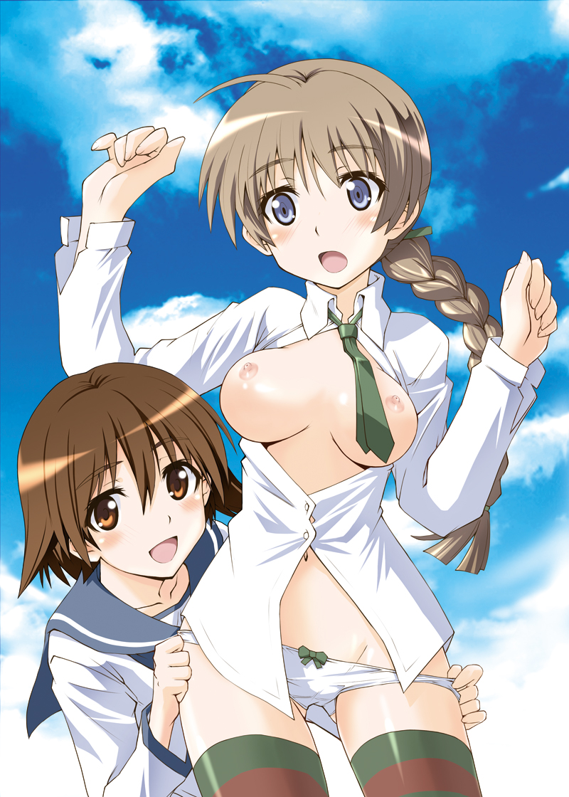 mutsuki ginji, lynette bishop, miyafuji yoshika, strike witches, world witches series, striped legwear, 00s, 2girls, ahoge, assisted exposure, blue eyes, blush, bow, bow panties, braid, breasts, breasts out, brown eyes, brown hair, dress shirt, large breasts, long hair, multiple girls, necktie, nipples, open clothes, open shirt, panties, panty pull, school uniform, serafuku, shirt, short hair, single braid, small nipples, smile, striped clothes, striped thighhighs, surprised, thighhighs, underwear, undressing, yuri