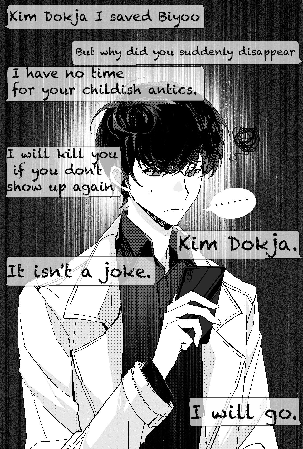kim dokja, omniscient reader's viewpoint, commentary, english commentary, highres, …, 1boy, black hair, black shirt, coat, collared shirt, greyscale, holding, holding phone, looking at phone, male focus, monochrome, open clothes, open coat, phone, shirt, short hair, solo, source quote, spoken ellipsis, squiggle, sweatdrop, text messaging, twle, upper body, white coat