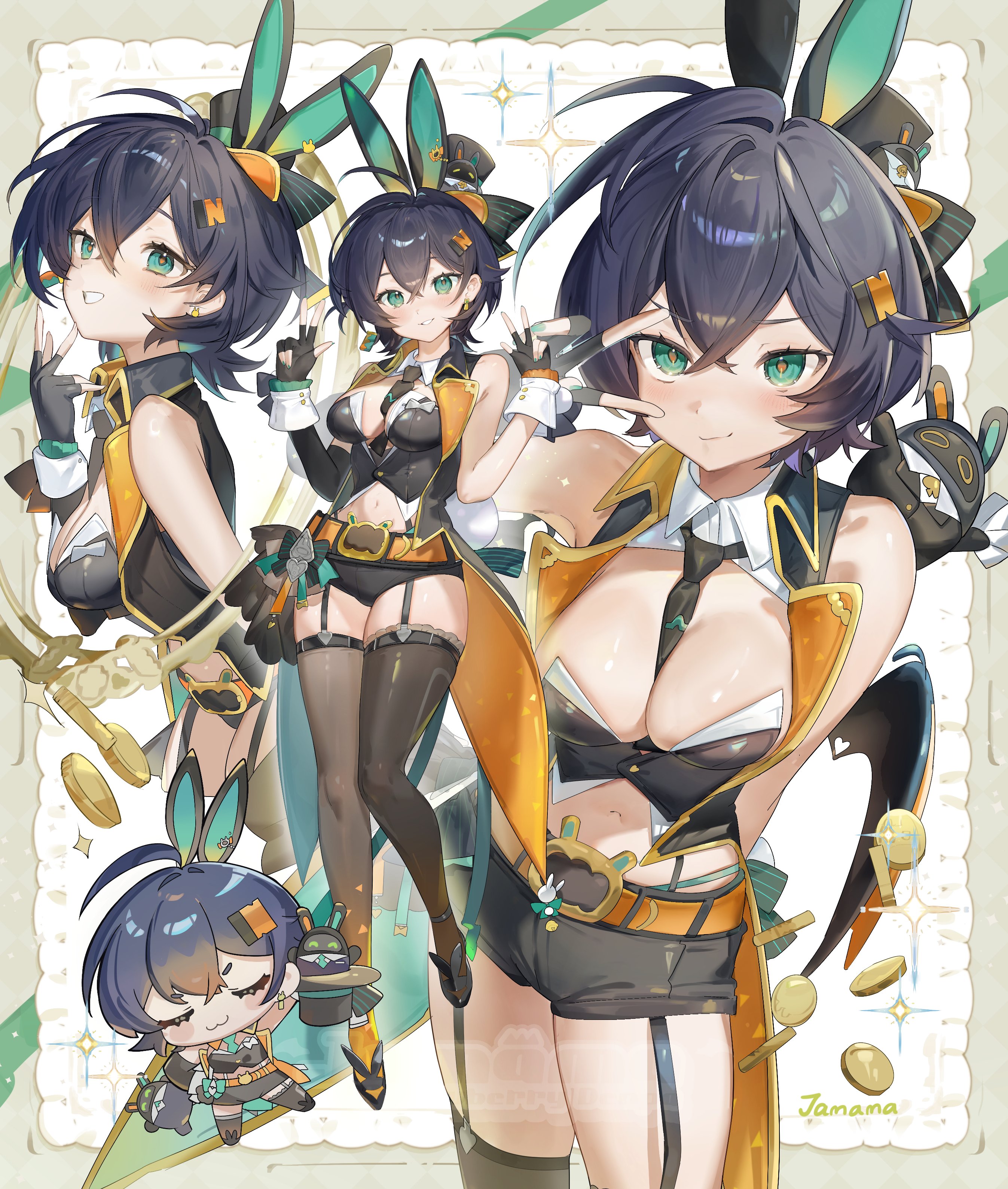 jamama, bangboo (zenless zone zero), belle (zenless zone zero), zenless zone zero, absurdres, commentary, highres, symbol-only commentary, 1girl, :3, alternate costume, animal ear hairband, animal ears, asymmetrical gloves, bare shoulders, belt, between breasts, black gloves, black hat, black necktie, black shorts, blue hair, blush, border, breasts, brown thighhighs, chibi, closed eyes, closed mouth, coin, cowboy shot, crossed bangs, detached collar, earrings, elbow gloves, fake animal ears, fingerless gloves, from side, full body, garter straps, gloves, green eyes, green nails, grey border, hair between eyes, hair ornament, hairband, hands up, hat, holding, holding unworn clothes, holding unworn hat, jewelry, large breasts, leaning forward, letter hair ornament, looking at viewer, micro shorts, mismatched earrings, multiple views, navel, necktie, necktie between breasts, open clothes, rabbit ears, red pupils, short hair, shorts, single elbow glove, sparkle, thighhighs, uneven gloves, unworn hat, unworn headwear, v, v-shaped eyebrows, v over eye, w, white background, white wrist cuffs, wrist cuffs