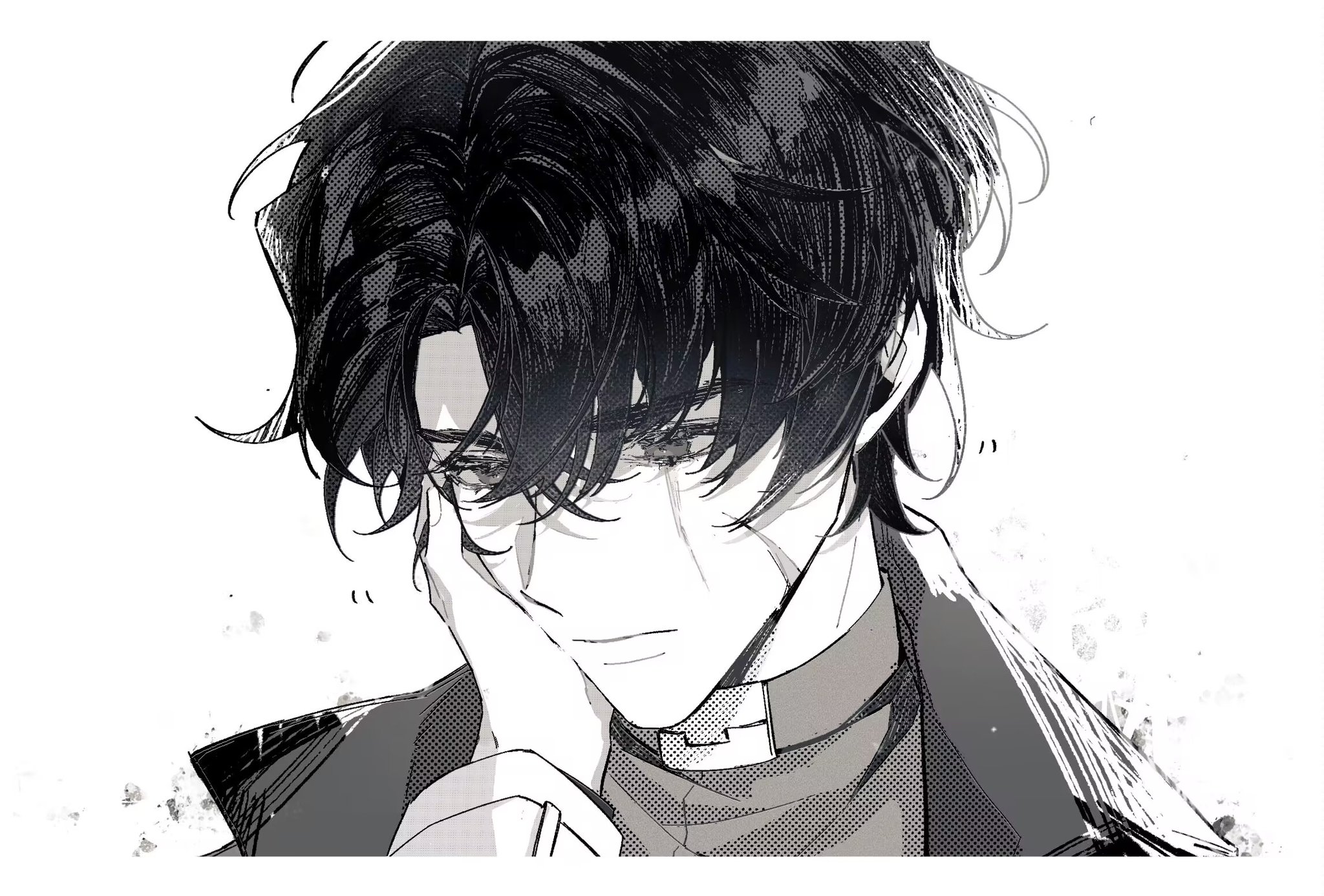 kim dokja, yoo joonghyuk, omniscient reader's viewpoint, highres, 1boy, black eyes, black hair, coat, curtained hair, expressionless, greyscale, hair between eyes, halftone, hand on another's face, head tilt, letterboxed, looking at viewer, male focus, monochrome, open clothes, open coat, pov, pov hands, scar, scar across eye, scar on face, short hair, solo, twle