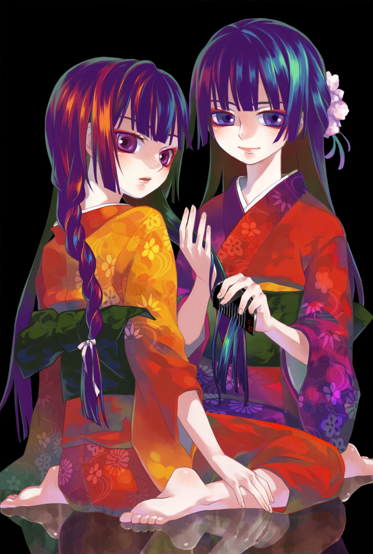 minami seira, original, bad id, bad pixiv id, highres, 2girls, barefoot, braid, brushing hair, comb, feet, hairdressing, japanese clothes, kimono, long hair, looking back, multicolored hair, multiple girls, purple eyes, reflection, sitting, wariza