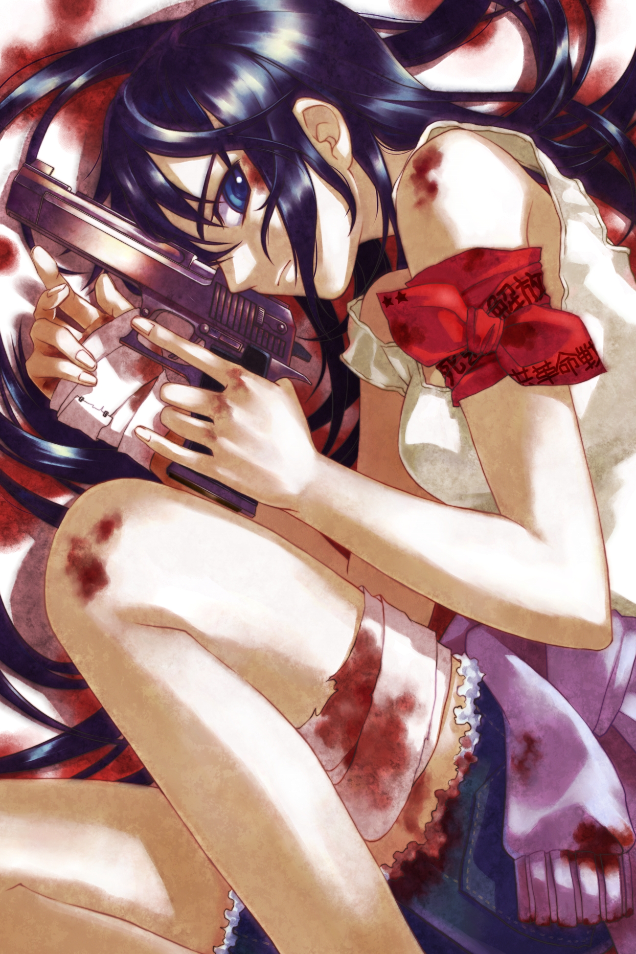 minami seira, original, bad id, bad pixiv id, highres, 1girl, bandages, black hair, blood, blue eyes, denim, denim shorts, desert eagle, female focus, gun, handgun, long hair, lying, pistol, shorts, solo, weapon