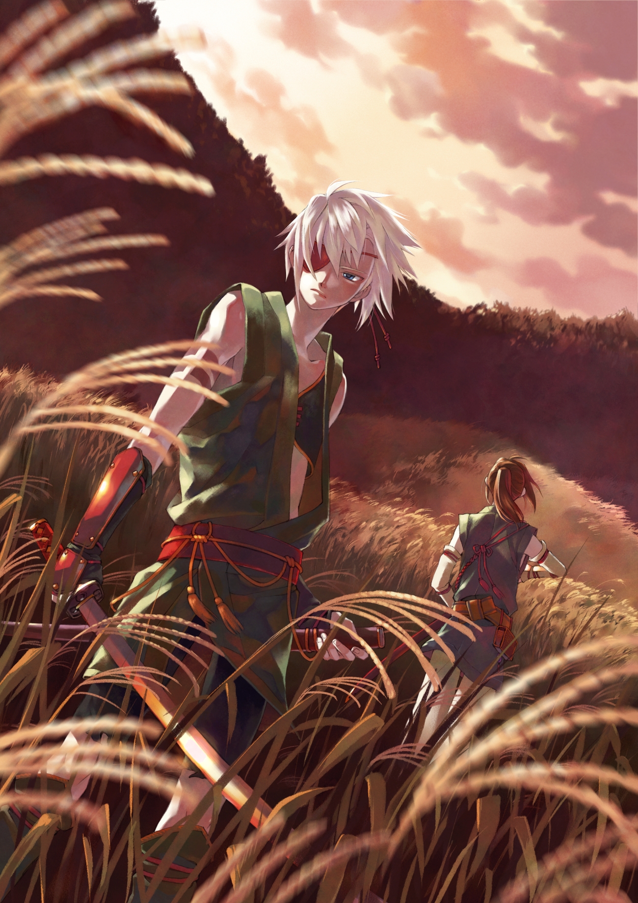 minami seira, original, highres, 2boys, armor, blue eyes, boots, brown hair, cloud, detached sleeves, eyepatch, field, male focus, multiple boys, nature, ponytail, samurai, sky, sword, weapon, wheat, white hair