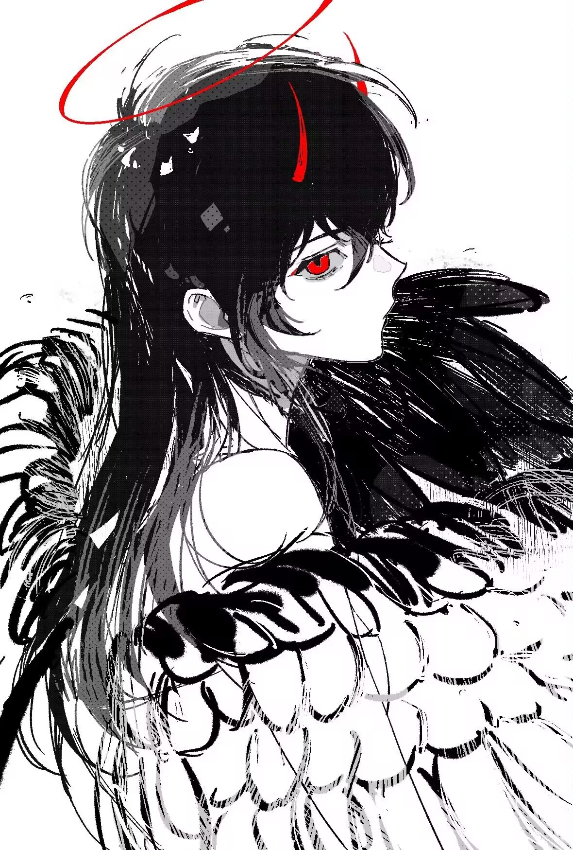 kim dokja, omniscient reader's viewpoint, commentary, english commentary, highres, 1girl, black hair, black wings, demon horns, expressionless, feathered wings, genderswap, genderswap (mtf), hair between eyes, halo, horns, long hair, looking at viewer, looking back, red eyes, serious, sidelocks, solo, twle, upper body, wings