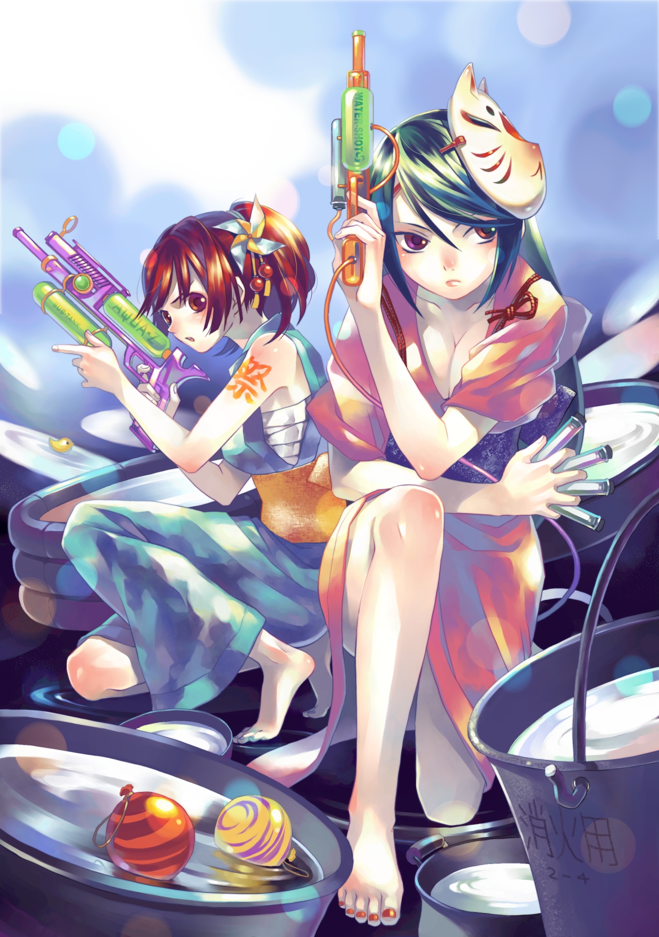 minami seira, original, highres, 2girls, barefoot, breasts, brown eyes, brown hair, bucket, cleavage, feet, fox mask, green hair, hair ornament, japanese clothes, kimono, long hair, mask, multiple girls, nail polish, orange nails, purple eyes, rubber duck, sarashi, short hair, toenail polish, toenails, vial, water, water balloon, water gun, yo-yo, yukata