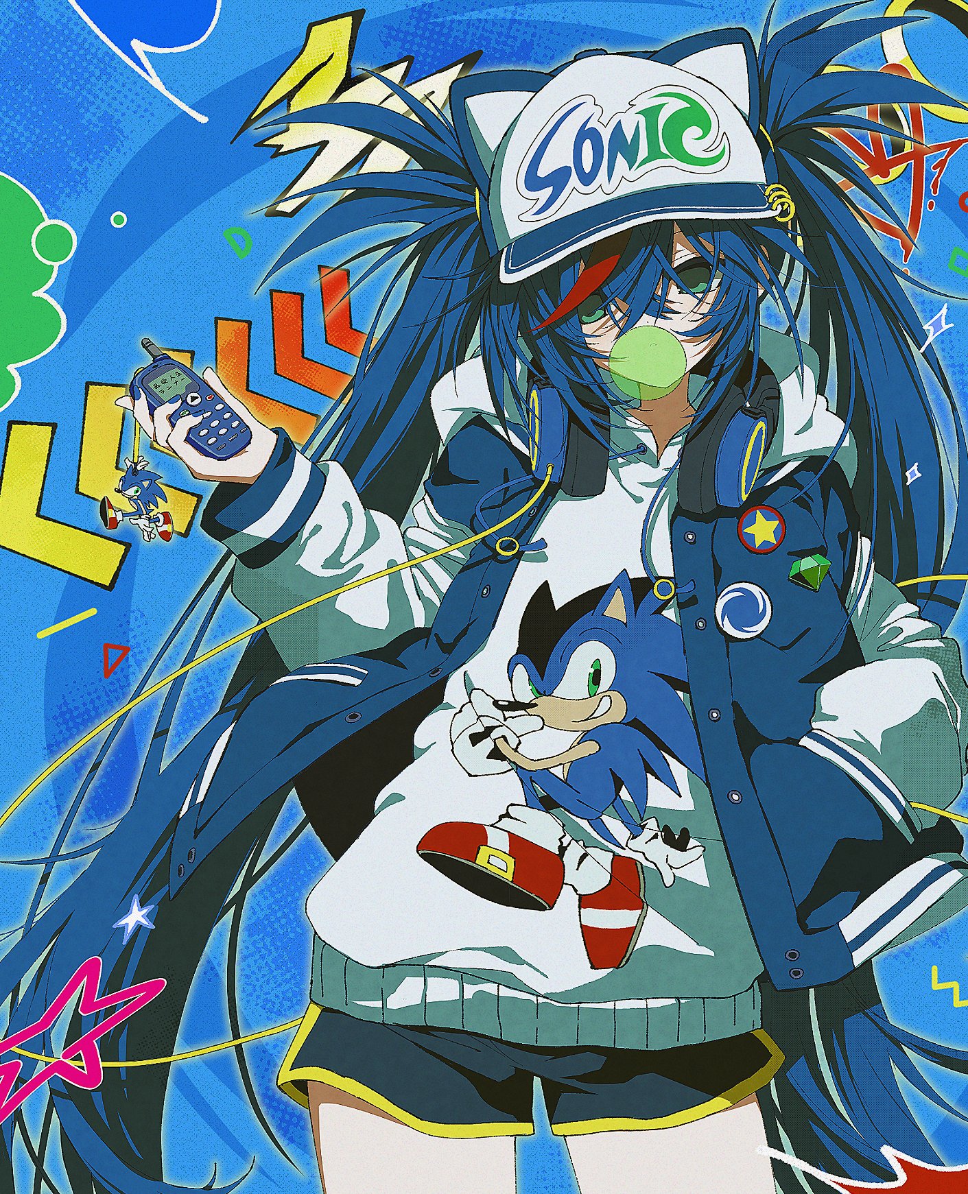wogyu, hatsune miku, sonic the hedgehog, sonic (series), vocaloid, commentary, highres, 1girl, 2000s (style), :o, alternate eye color, animal hat, audio jack, badge, bar phone, baseball cap, ben-day dots, black shorts, blowing bubble gum, blue hair, blue hat, blue jacket, button badge, cat hat, cellphone, character charm, character print, charm (object), chewing gum, contrapposto, cowboy shot, crossed bangs, dolphin shorts, doodle inset, drawstring, empty eyes, film grain, floating clothes, floating hair, green eyes, hair between eyes, hand in pocket, hat, head tilt, headphones, headphones around neck, heart, holding, holding phone, hood, hoodie, jacket, jacket over hoodie, letterman jacket, long hair, looking at viewer, multicolored jacket, open clothes, open jacket, parted lips, phone, pierced hat, print hoodie, red streaks, screentones, short shorts, shorts, sidelocks, solo, spiked hair, star (symbol), twintails, two-tone hat, two-tone jacket, very long hair, white hat, white hood, white jacket