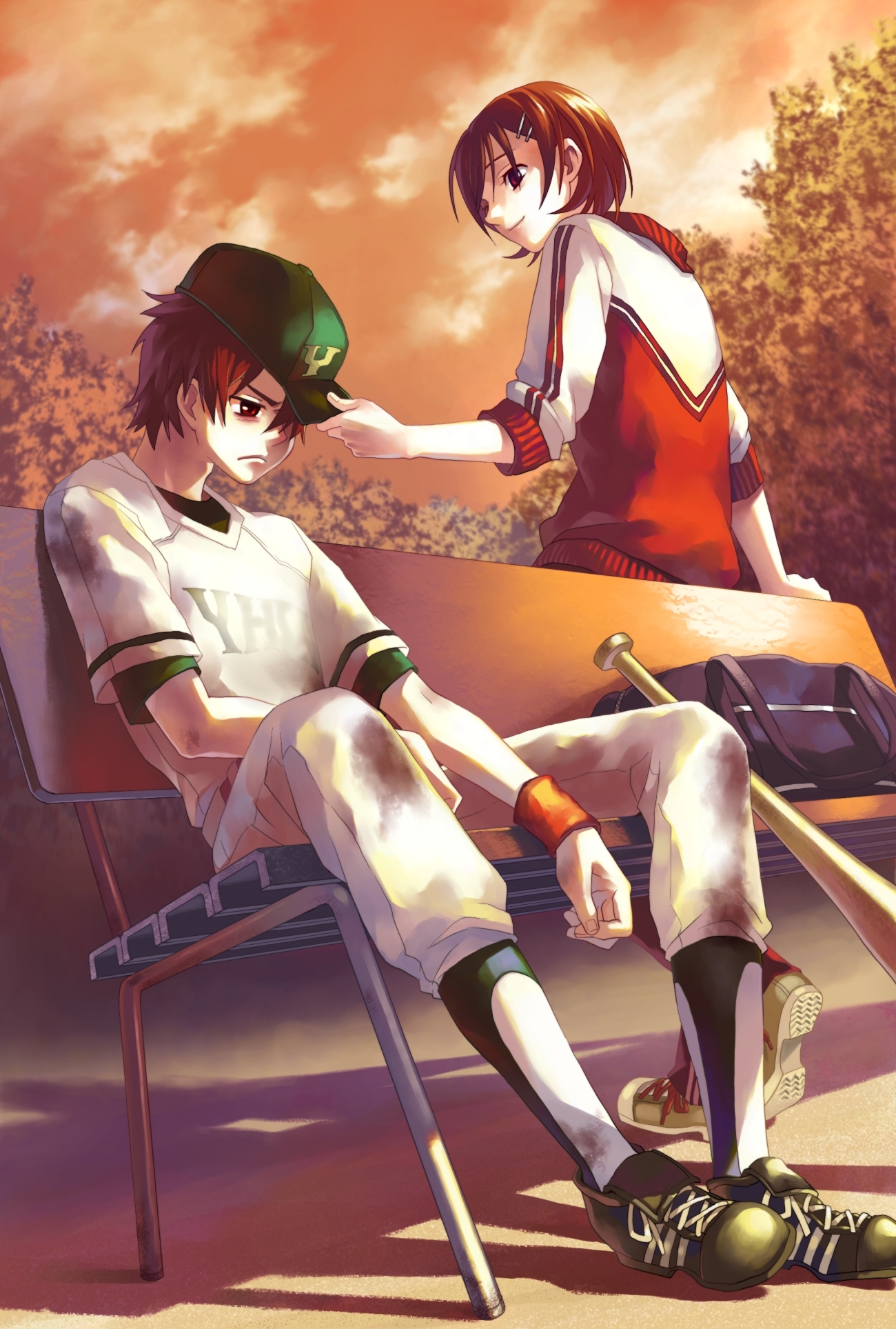 minami seira, original, bad id, bad pixiv id, highres, 1boy, 1girl, bag, baseball bat, baseball cap, baseball uniform, bench, blush, brown hair, clothes writing, couple, duffel bag, hair ornament, hairclip, hat, hetero, outdoors, red eyes, red hair, short hair, sleeves pushed up, socks, sportswear, stirrup legwear, toeless legwear, wristband