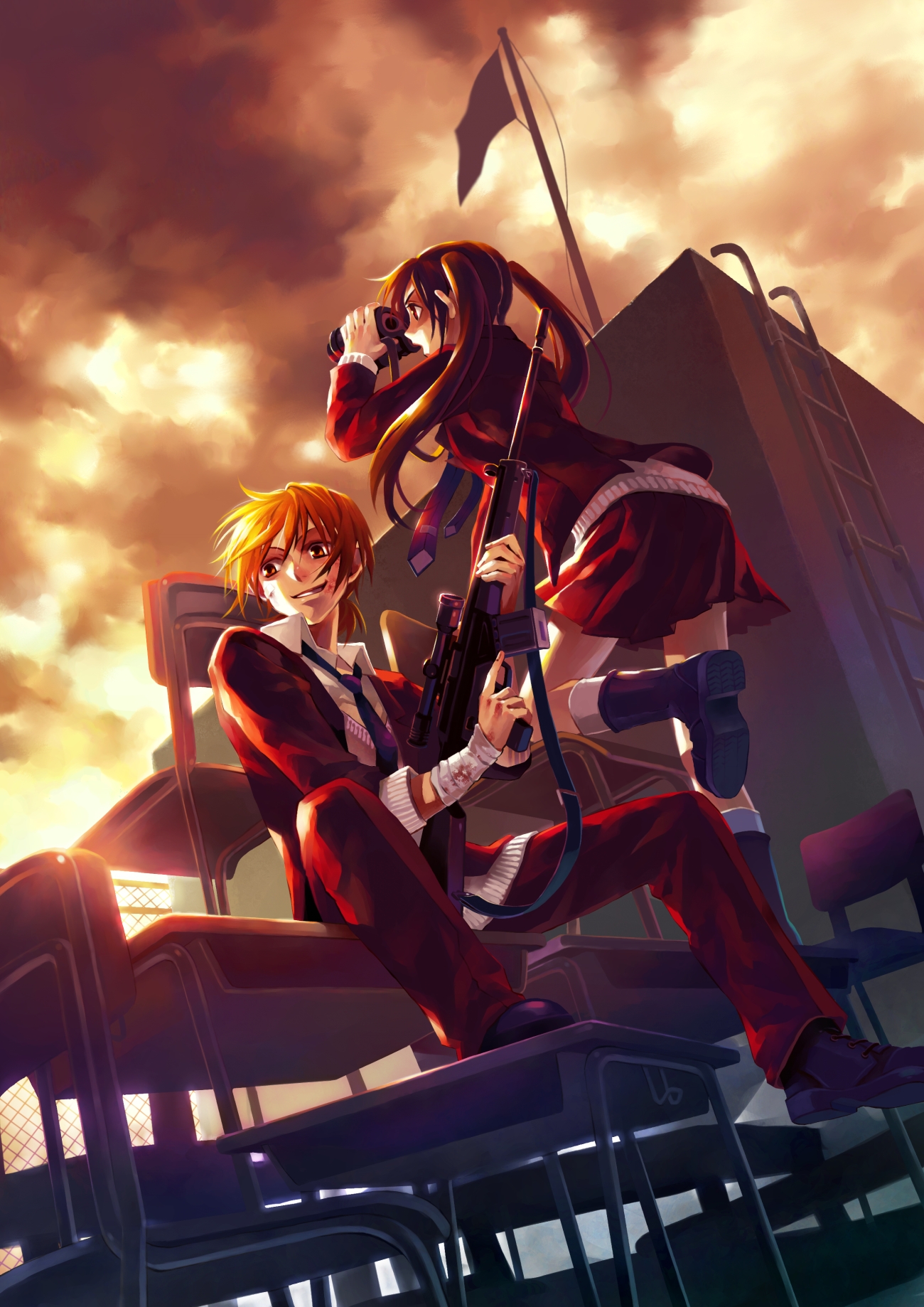 minami seira, original, highres, bandages, binoculars, blonde hair, blood, boots, brown hair, chair, desk, flag, gun, long hair, necktie, rifle, school uniform, skirt, twintails, weapon, yellow eyes