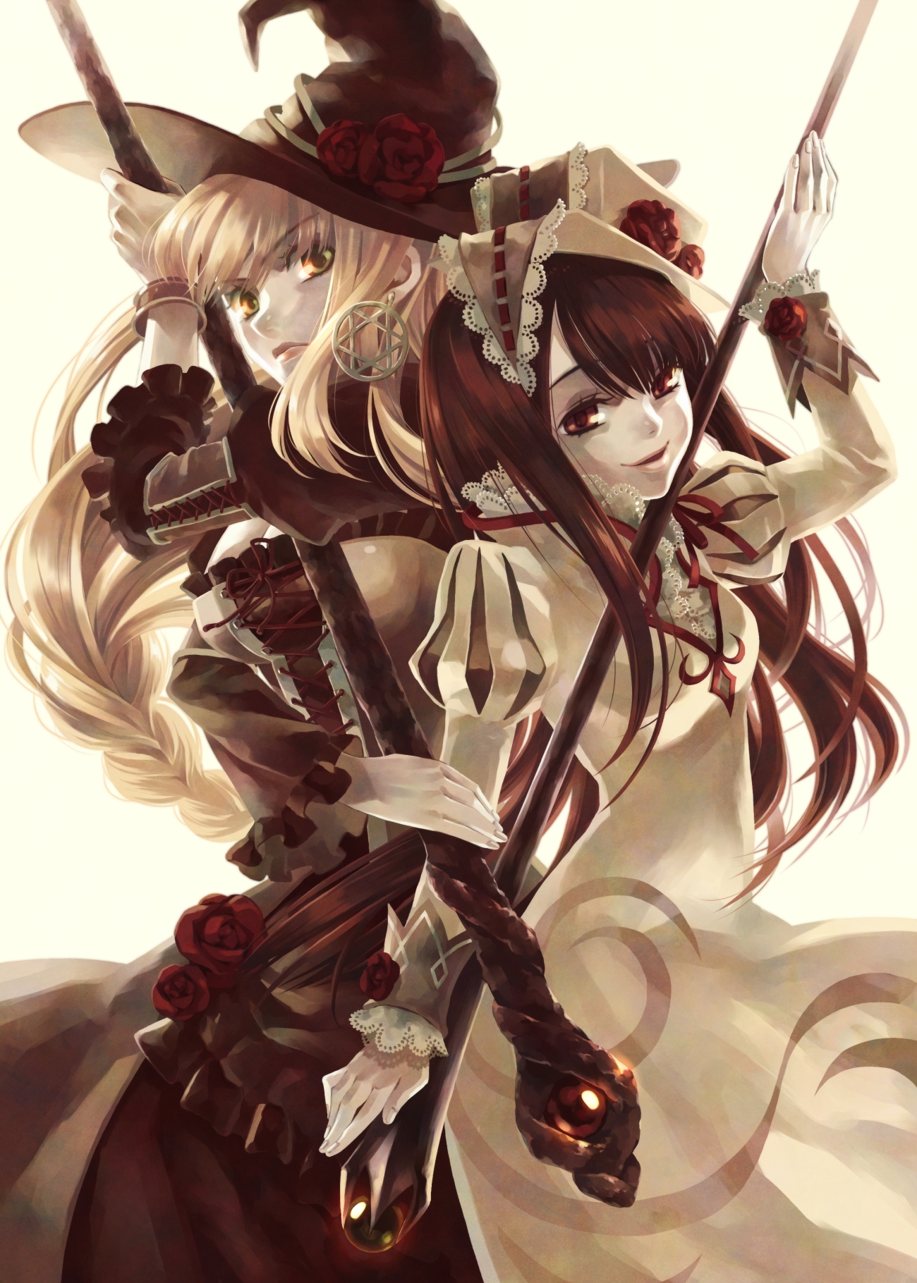 minami seira, original, bad id, bad pixiv id, highres, 2girls, blonde hair, bracelet, breasts, brown eyes, brown hair, cleavage, dress, earrings, flower, frills, hairband, hat, hexagram, jewelry, long hair, magical girl, medium breasts, multiple girls, pentagram, rose, smile, staff, witch, witch hat, yellow eyes