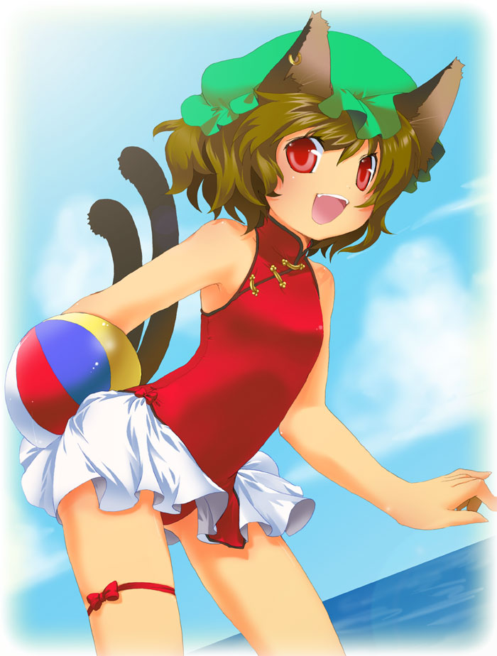 shige (st-k), chen, touhou, 1girl, animal ears, ball, beachball, brown hair, cat ears, cat girl, cat tail, earrings, female focus, flat chest, hat, jewelry, multiple tails, outdoors, short hair, sky, smile, solo, tail