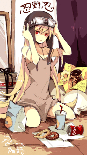 ragdoll june, oshino shinobu, bakemonogatari, monogatari (series), bad id, bad pixiv id, 00s, 1girl, bag, bare shoulders, barefoot, blonde hair, can, child, donut, dress, drink, female focus, flat chest, food, goggles, hat, helmet, june, kneeling, long hair, paper bag, red eyes, solo, very long hair, yellow theme