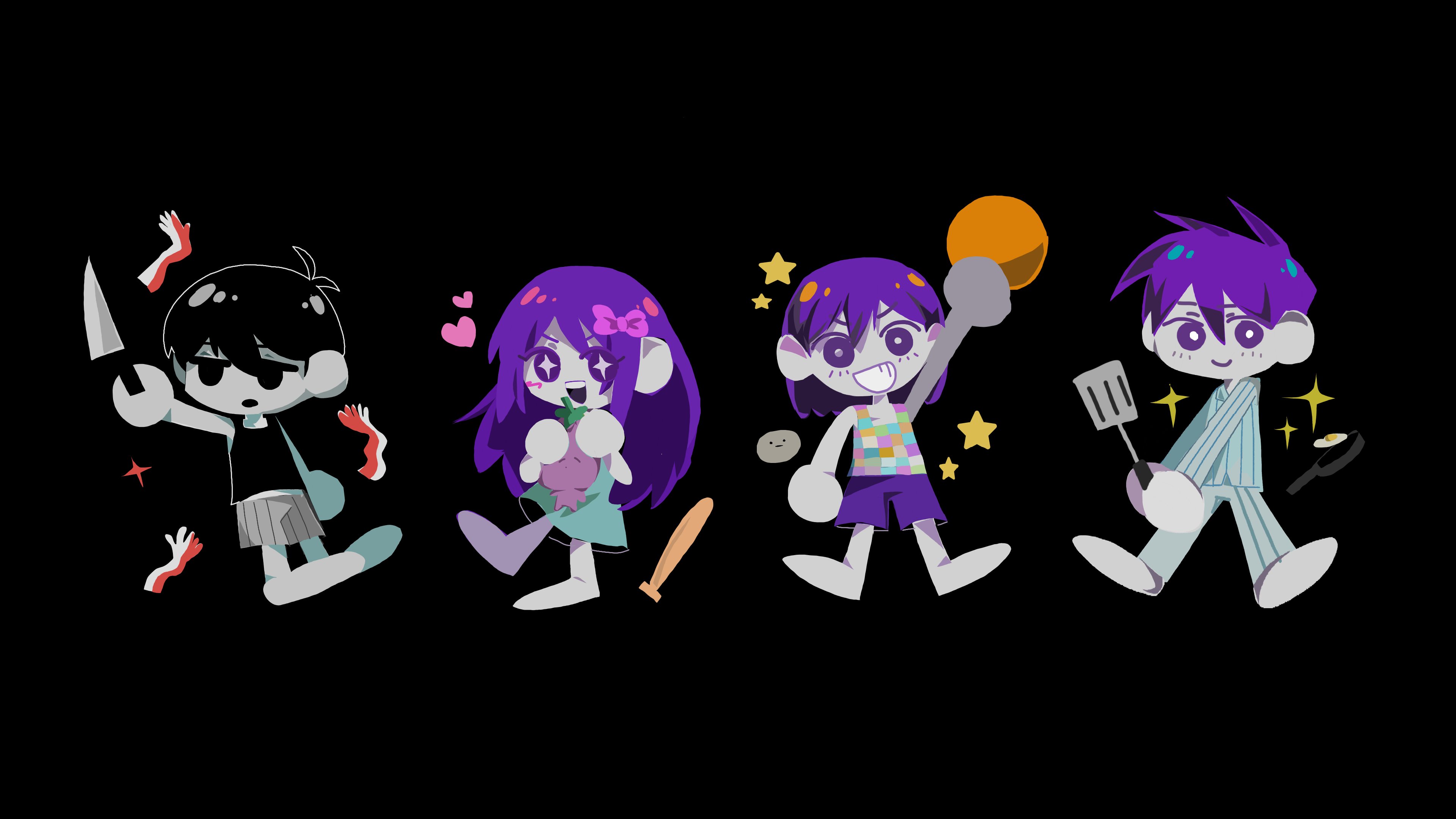 aubrey (headspace) (omori), aubrey (omori), hector (omori), hero (headspace) (omori), hero (omori), kel (headspace) (omori), kel (omori), mr. plantegg (omori), omori (omori), omori, absurdres, commentary request, highres, 1girl, 3boys, :d, :o, ahoge, antenna hair, aqua dress, arm up, bare arms, bare legs, bare shoulders, barefoot, baseball bat, black background, black eyes, black hair, black tank top, bow, bright pupils, brothers, checkered clothes, checkered shirt, closed mouth, colored skin, double-parted bangs, dress, empty eyes, expressionless, fried egg, frying pan, full body, grey pants, grey shirt, grey shorts, grin, hair behind ear, hair between eyes, hair bow, heart, holding, holding knife, holding stuffed toy, jitome, knife, legs apart, long hair, matsutsu1105, medium dress, multiple boys, no lineart, no pupils, open mouth, pants, pink bow, pinstripe pants, pinstripe pattern, pinstripe shirt, pinstripe shorts, purple eyes, purple hair, purple shorts, rock, shirt, short hair, shorts, siblings, sidelocks, simple background, sleeveless, sleeveless shirt, smile, sparkle, standing, standing on one leg, star (symbol), straight hair, stuffed animal, stuffed eggplant, stuffed toy, tank top, teeth, upper teeth only, v-shaped eyebrows, v arms, very long hair, very short hair, white pupils, white skin