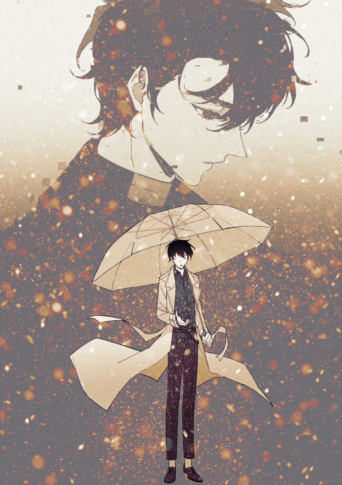 kim dokja, yoo joonghyuk, omniscient reader's viewpoint, commentary, english commentary, highres, 2boys, black eyes, black hair, black shirt, coat, collared shirt, curtained hair, facing viewer, full body, head down, holding, holding umbrella, light particles, male focus, multiple boys, open clothes, open coat, outstretched hand, shirt, short hair, standing, twle, umbrella, white coat, wind, wind lift