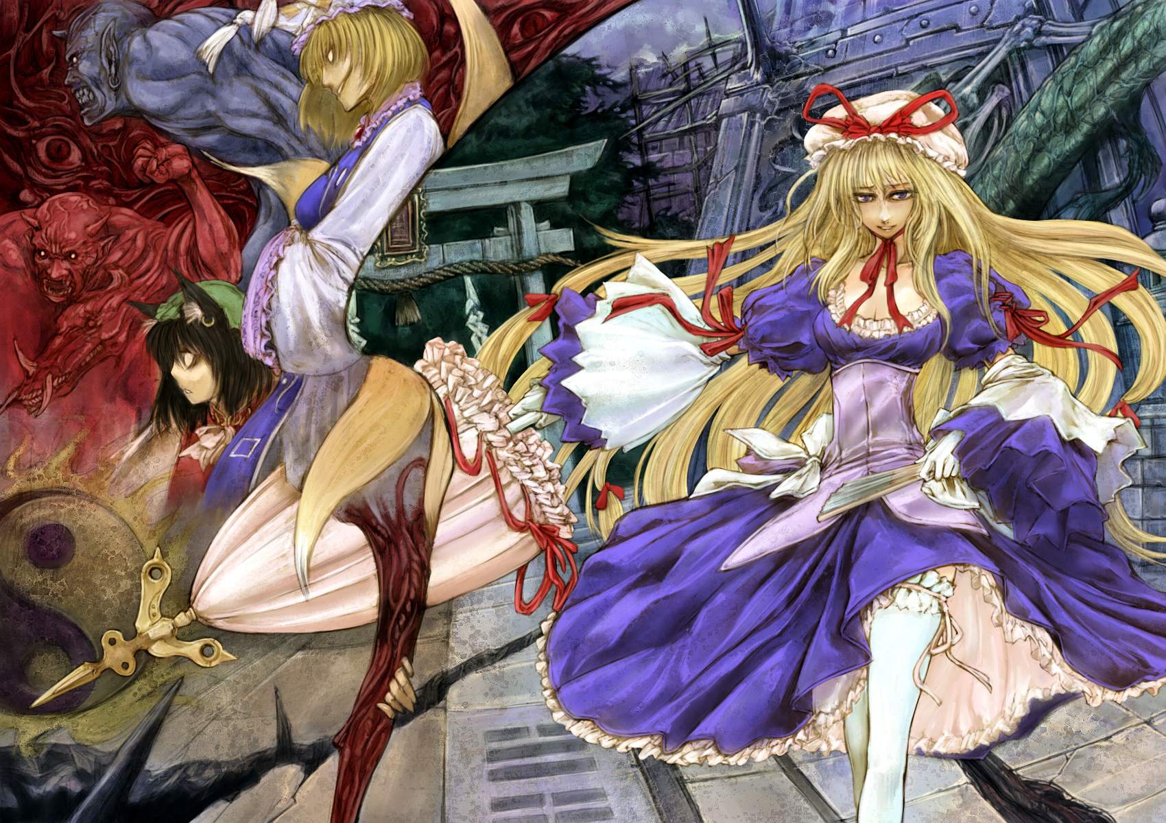 cervus, chen, yakumo ran, yakumo yukari, touhou, bad id, bad pixiv id, highres, 3girls, animal ears, blonde hair, blue oni, brown hair, cat ears, cat girl, cat tail, dress, earrings, female focus, fox tail, gap (touhou), gloves, hand fan, hat, jewelry, long hair, multiple girls, multiple tails, oni, parasol, red oni, short hair, tail, thighhighs, umbrella, white gloves