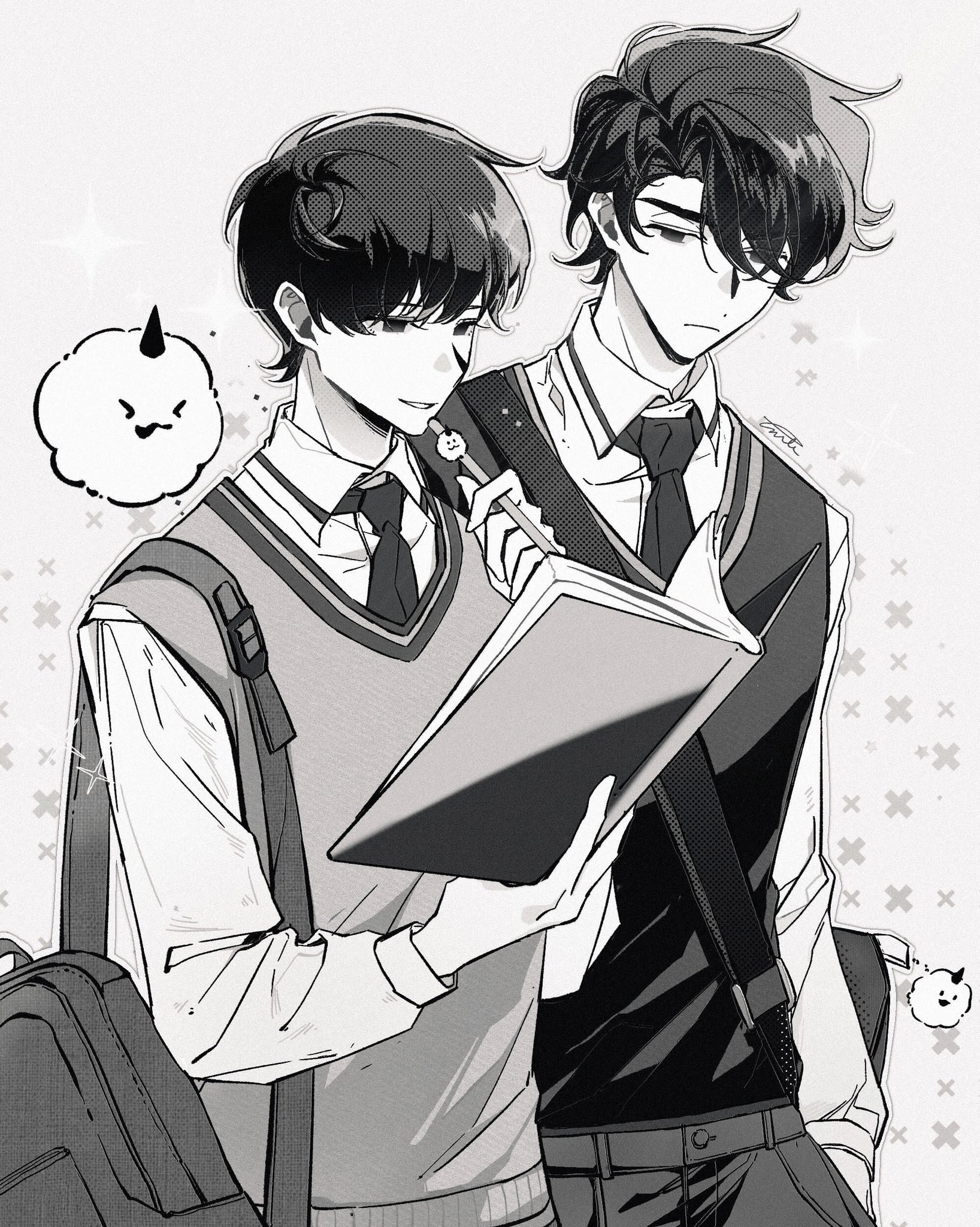 biyoo (omniscient reader's viewpoint), kim dokja, oldest dream, yoo joonghyuk, omniscient reader's viewpoint, highres, 2boys, aged down, backpack, bag, book, collared shirt, curtained hair, greyscale, hair over one eye, hands in pockets, holding, holding book, holding pen, looking at another, monochrome, multiple boys, necktie, open book, pen, shirt, short hair, shoulder bag, twle, vest