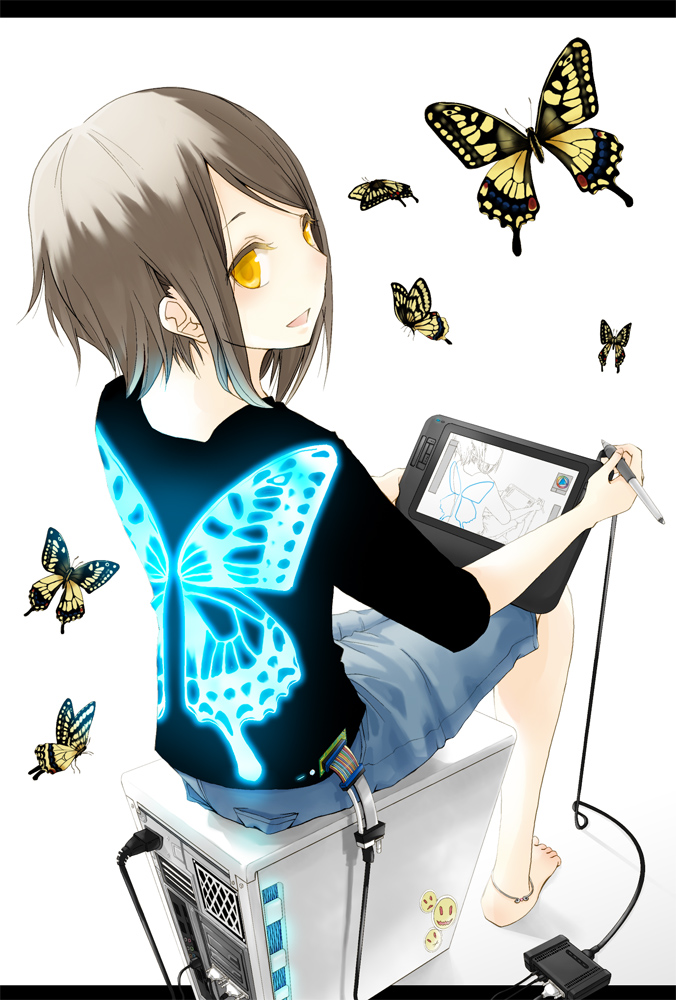 ushi (ushi manji), original, drawing, bad id, bad pixiv id, 1girl, anklet, barefoot, brown hair, bug, butterfly, cable, computer, drawing tablet, female focus, insect, jewelry, looking back, pata cable, recursion, short hair, sitting, solo, stylus, wire, yellow eyes