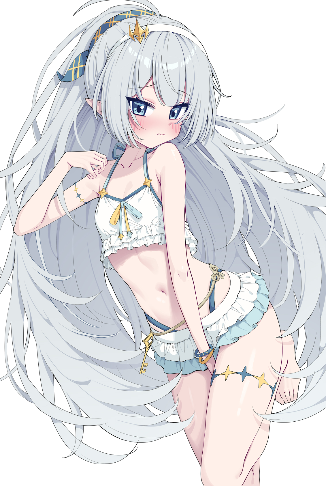 metaljelly, female tyrant (stella sora), tyrant (stella sora), stella sora, commentary, highres, revision, symbol-only commentary, 1girl, ahoge, barefoot, bikini, blue eyes, blush, closed mouth, flat chest, frilled bikini, frills, grey hair, hairband, long hair, looking at viewer, navel, pointy ears, solo, standing, standing on one leg, swimsuit, thighs, very long hair, white bikini, white hairband