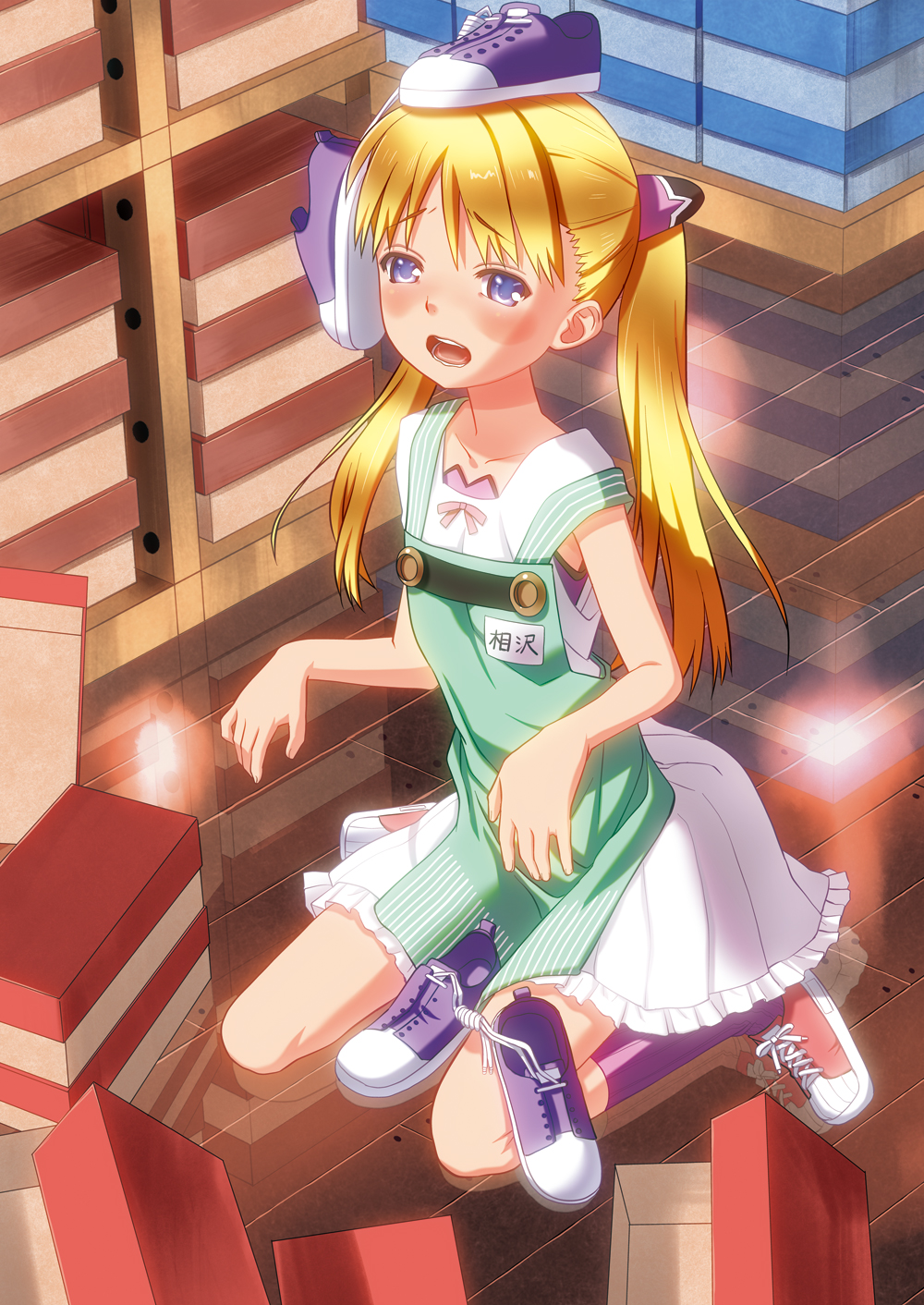 okina ika, original, bad id, bad pixiv id, highres, 1girl, blonde hair, blue eyes, blush, female focus, object on head, shoe on head, shoes, sneakers, solo, twintails