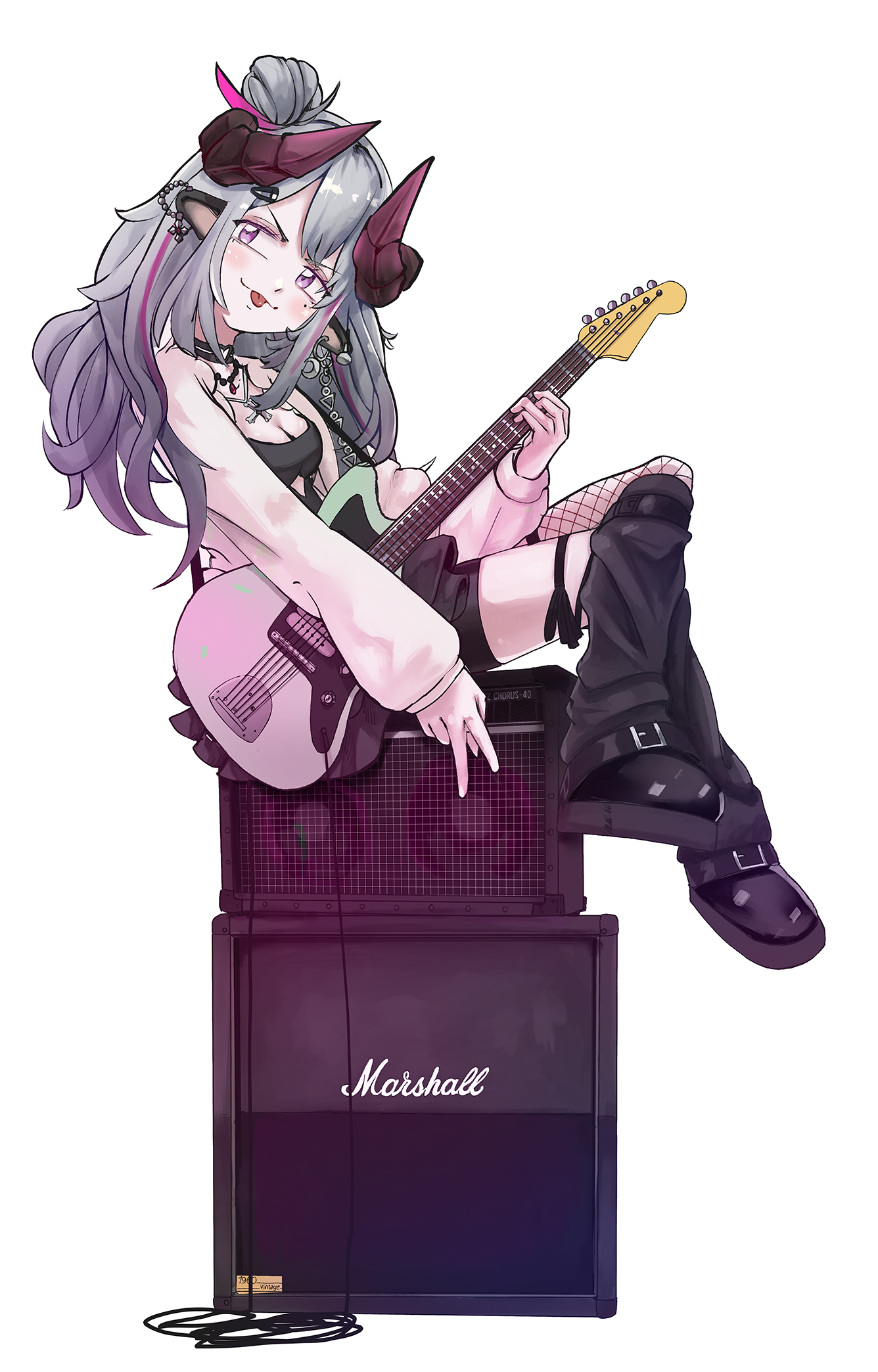 a dogart, chikafuji lisa, chromashift, tagme, animal ears, earrings, fishnets, grey hair, guitar, horns, instrument, jewelry, leg warmers, mole, mole under eye, multicolored hair, pink eyes, pink hair, platform shoes, sheep ears, sheep horns, speaker, streaked hair, tongue, tongue out, virtual youtuber