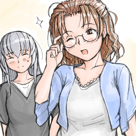 tsuda nanafushi, sakurada nori, suigintou, rozen maiden, silver hair, lowres, 00s, 2girls, aged up, brown eyes, brown hair, casual, closed eyes, glasses, multiple girls, one eye closed, upper body, wink