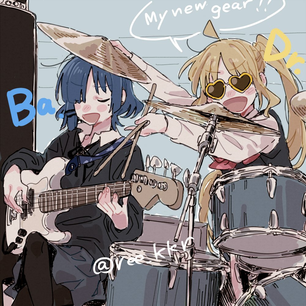 ree (re-19), ijichi nijika, yamada ryo, bocchi the rock!, 2girls, blonde hair, blue hair, crossed legs, drum, drum set, drumsticks, guitar, heart, heart-shaped eyewear, instrument, mole, mole under eye, multiple girls, sitting