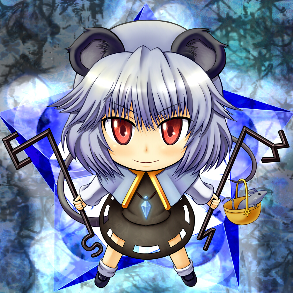 qontamblue, nazrin, touhou, 1girl, animal ears, basket, chibi, female focus, full body, jewelry, mouse (animal), mouse ears, mouse tail, pendant, red eyes, short hair, solo, standing, tail