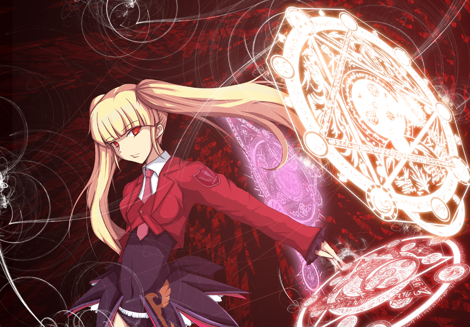 amida atsumu, asmodeus (umineko), umineko no naku koro ni, bad id, bad pixiv id, 00s, 1girl, blonde hair, female focus, long hair, magic circle, necktie, pink necktie, red eyes, solo, twintails