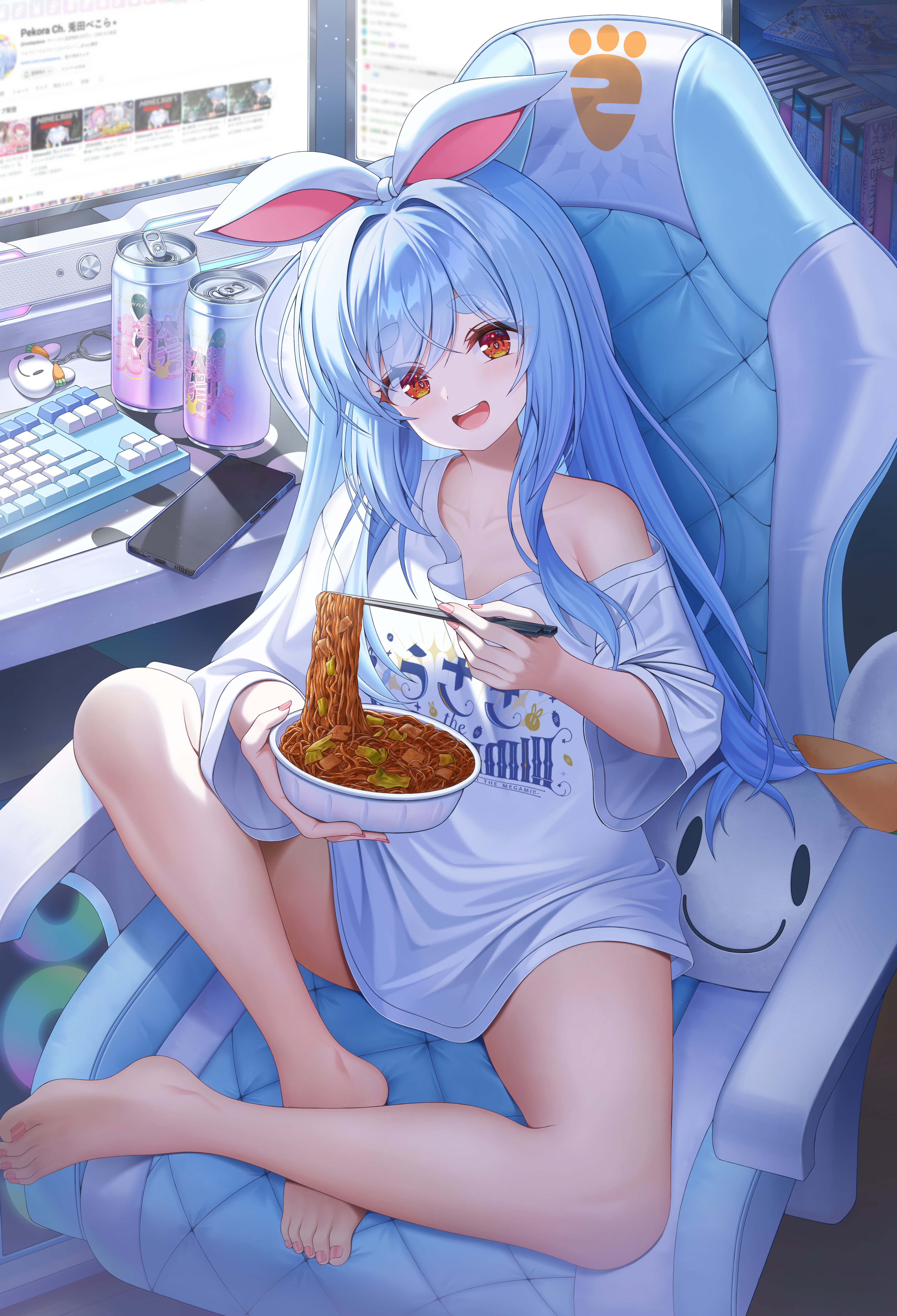 misoile, pekomon (usada pekora), usada pekora, hololive, absurdres, commentary, highres, 1girl, :d, animal ears, barefoot, blue hair, bowl, can, cellphone, chair, chopsticks, computer keyboard, food, full body, gaming chair, holding, holding bowl, holding chopsticks, indoors, long hair, looking at viewer, monitor, no pants, noodles, open mouth, orange eyes, oversized clothes, oversized shirt, phone, rabbit-shaped pupils, rabbit ears, rabbit girl, shirt, short eyebrows, sidelocks, single off shoulder, sitting, smartphone, smile, solo, swept bangs, swivel chair, symbol-shaped pupils, teeth, thick eyebrows, toes, upper teeth only, very long hair, virtual youtuber, white shirt