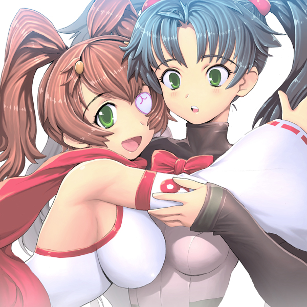 sugeno tomoaki, ikuse ayane, kutuna yui, suge9, vanguard princess, official art, armpits, eyepatch, hug, ribbon, scarf, twintails