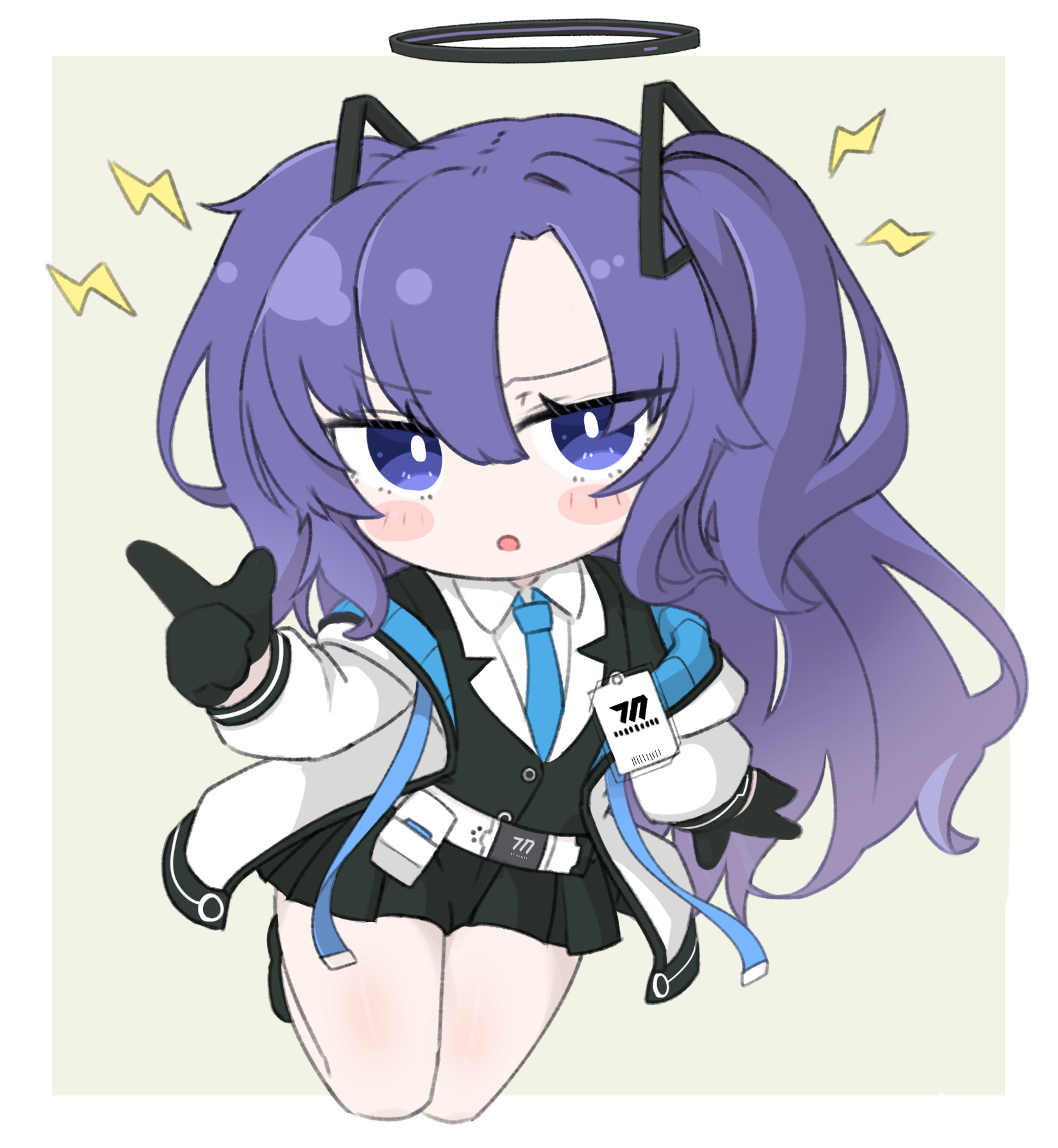 miranofuudoria, yuuka (blue archive), blue archive, commentary request, highres, 1girl, :o, black gloves, black jacket, black skirt, blue necktie, blush stickers, border, gloves, grey background, hair between eyes, halo, hand up, index finger raised, jacket, lightning bolt symbol, long hair, looking at viewer, necktie, off shoulder, open clothes, open jacket, parted lips, pleated skirt, purple eyes, purple hair, shirt, skirt, solo, two side up, very long hair, white border, white jacket, white shirt