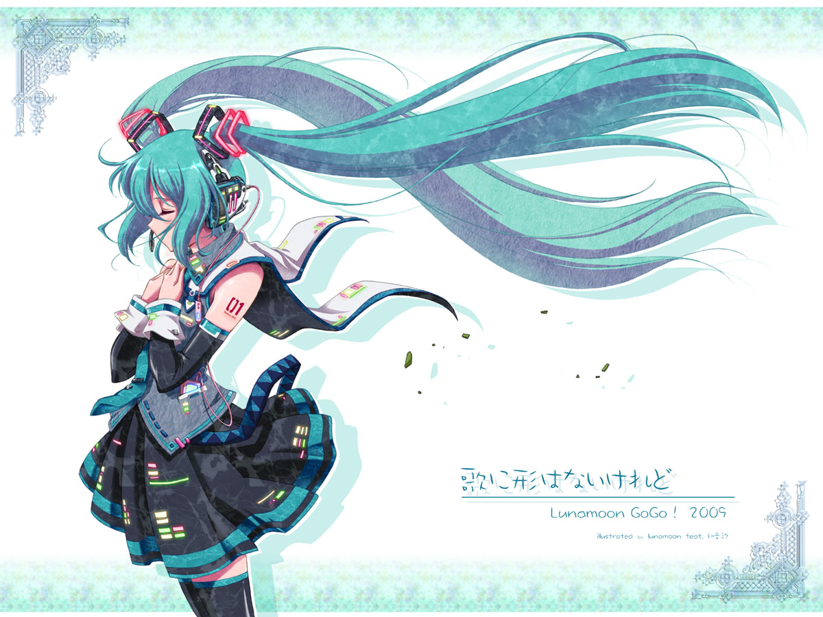 lunamoon, hatsune miku, vocaloid, 1girl, aqua hair, closed eyes, detached sleeves, female focus, headphones, headset, long hair, necktie, skirt, solo, song name, thighhighs, twintails, very long hair, zettai ryouiki