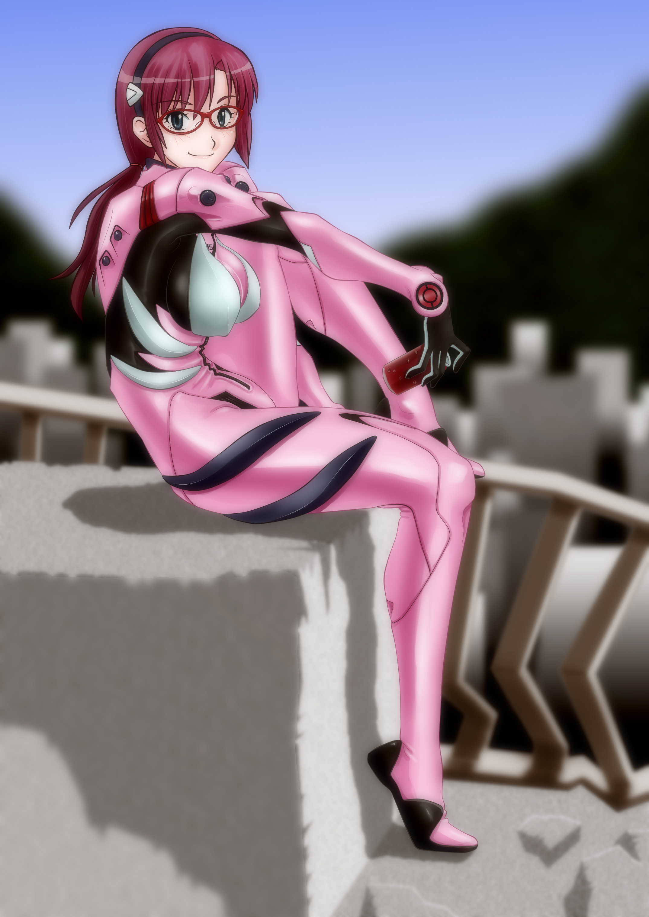 nakao, makinami mari illustrious, neon genesis evangelion, rebuild of evangelion, absurdres, highres, 00s, 1girl, blue eyes, breasts, brown hair, female focus, full body, glasses, hairband, mecha pilot suit, outdoors, plugsuit (evangelion), sky, solo
