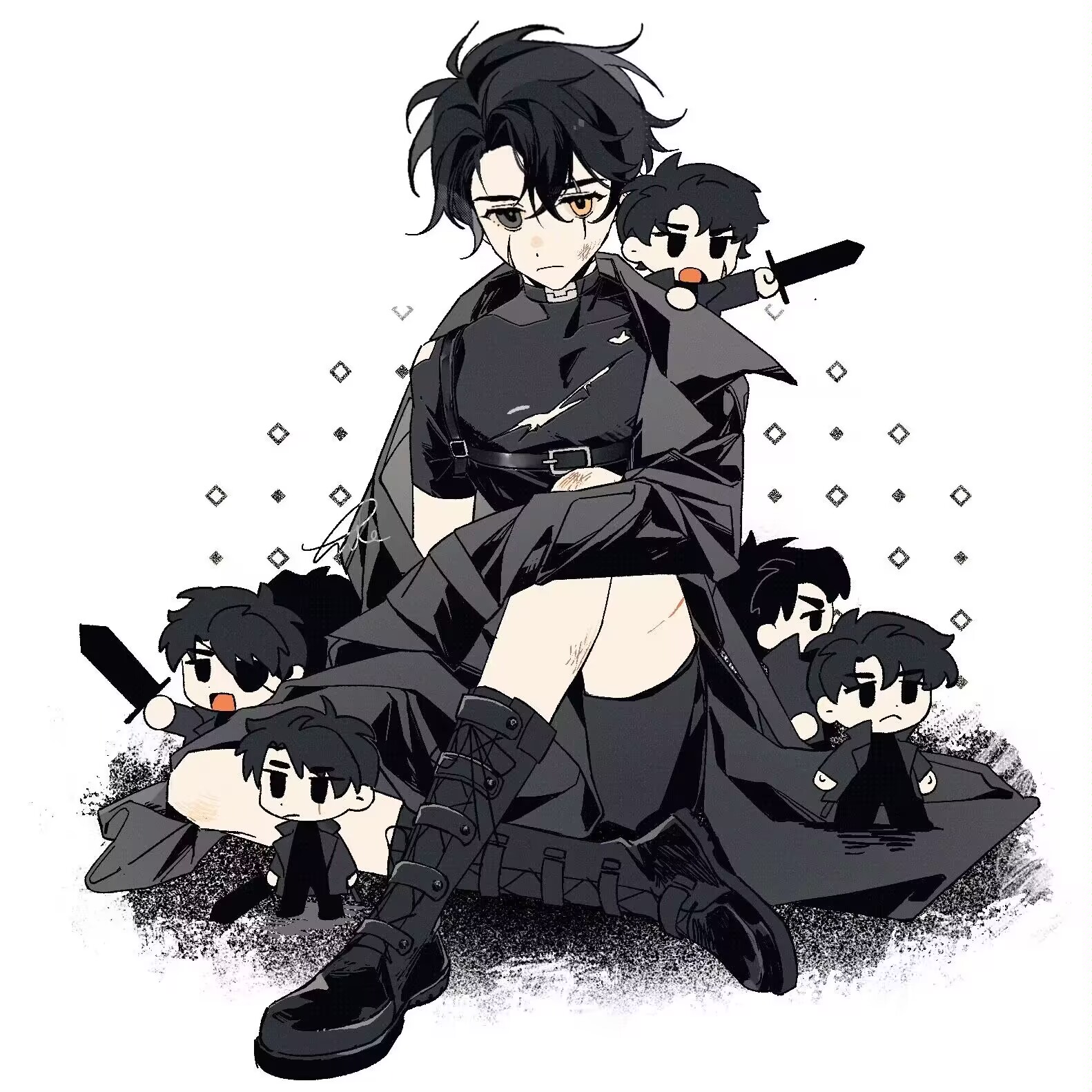 secretive plotter, yoo joonghyuk, yoo joonghyuk (999th turn), omniscient reader's viewpoint, highres, 1boy, black coat, black eyes, black hair, black shirt, black shorts, boots, breasts, chest belt, coat, curtained hair, elbow on knee, expressionless, head tilt, heterochromia, knee up, looking at viewer, mini person, miniboy, open clothes, open coat, oversized clothes, scar, scar across eye, scar on face, shirt, short hair, shorts, too many clones, twle, yellow eyes