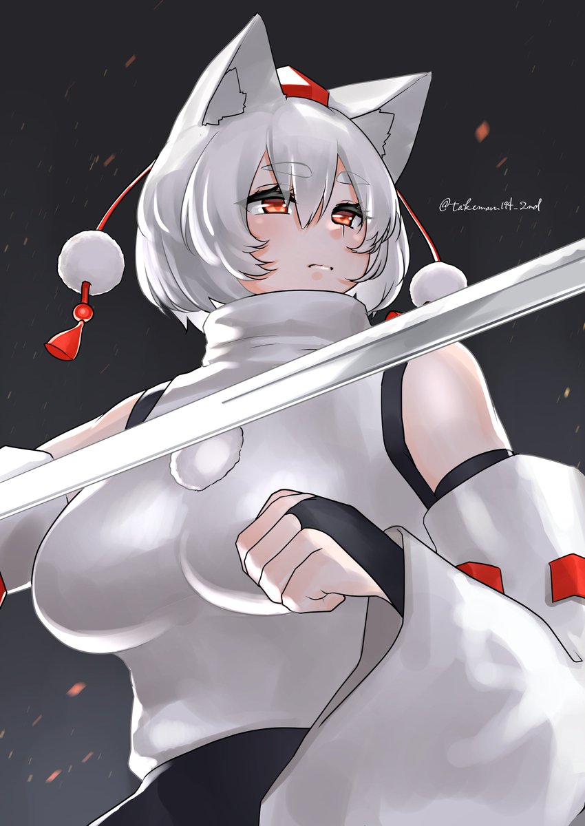 take (take143000), inubashiri momiji, touhou, commentary, highres, 1girl, animal ears, black bridal gauntlets, black skirt, breasts, bridal gauntlets, closed mouth, detached sleeves, expressionless, grey background, hair between eyes, hat, holding, holding sword, holding weapon, large breasts, looking afar, orange eyes, pom pom (clothes), red hat, ribbon-trimmed sleeves, ribbon trim, shirt, short hair, skirt, sleeveless, sleeveless shirt, solo, sword, tokin hat, turtleneck, turtleneck shirt, upper body, weapon, white hair, white shirt, white sleeves, wolf ears, wolf girl