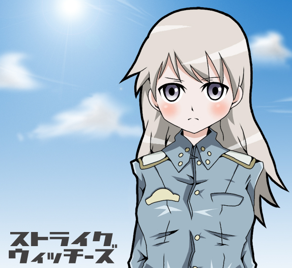 yumyums, eila ilmatar juutilainen, strike witches, world witches series, uniform, bad id, bad pixiv id, 00s, 1girl, blonde hair, blue eyes, blush, cloud, day, female focus, long hair, solo