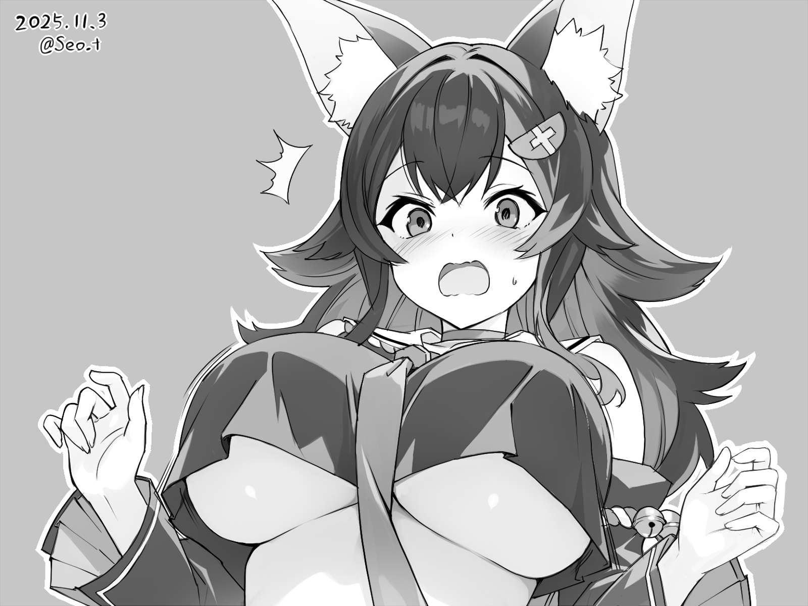 seo tatsuya, ookami mio, hololive, commentary request, highres, tagme, animal ears, blush, breasts, from below, large breasts, monochrome, necktie, open mouth, surprised, sweatdrop, underboob