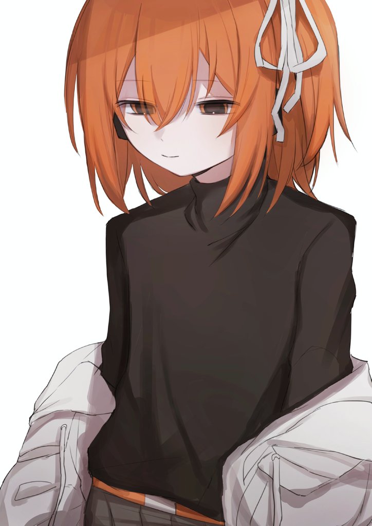 adachi rei, a.i. voice, utau, hashtag-only commentary, 1girl, arazan (ara arazan24), belt, black shirt, clothes pull, double-parted bangs, hair ribbon, headset, jacket, jacket pull, looking down, medium hair, no hair ornament, one side up, orange belt, orange eyes, orange hair, ribbon, shirt, simple background, solo, squinting, turtleneck, turtleneck shirt, white background, white jacket, white ribbon