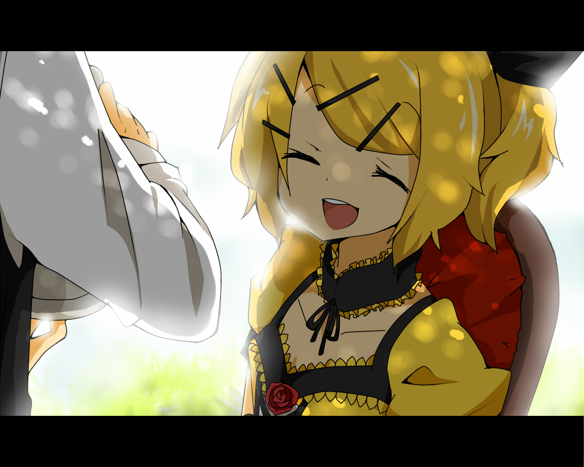 hanasaki coa, allen avadonia, kagamine len, kagamine rin, riliane lucifen d'autriche, aku no musume (vocaloid), evillious nendaiki, vocaloid, bad id, bad pixiv id, 1boy, 1girl, blonde hair, brother and sister, closed eyes, dress, flower, hair ornament, hair ribbon, hairclip, letterboxed, ribbon, rose, short hair, siblings, smile, twins, victorian, yellow dress