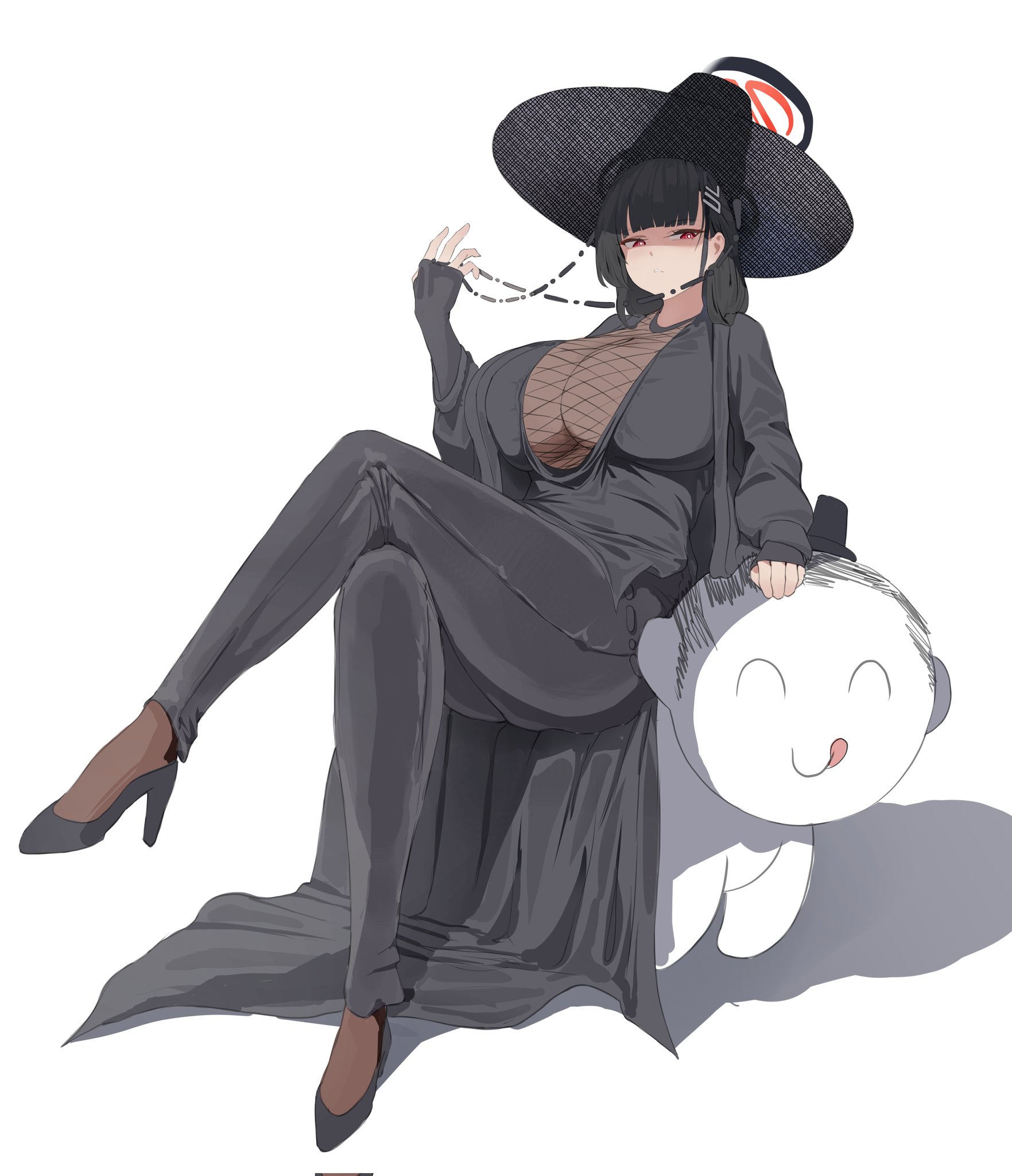 hth5k, doodle sensei (blue archive), rio (blue archive), sensei (blue archive), blue archive, highres, 1girl, alternate costume, black dress, black hair, breasts, cleavage cutout, clothing cutout, crossed legs, dress, fishnets, hair ornament, hairclip, halloween costume, halo, hat, high heels, large breasts, long hair, looking to the side, multicolored halo, red eyes, red hair, see-through cleavage, see-through clothes, simple background, sitting, two-tone halo, white background, witch, witch hat