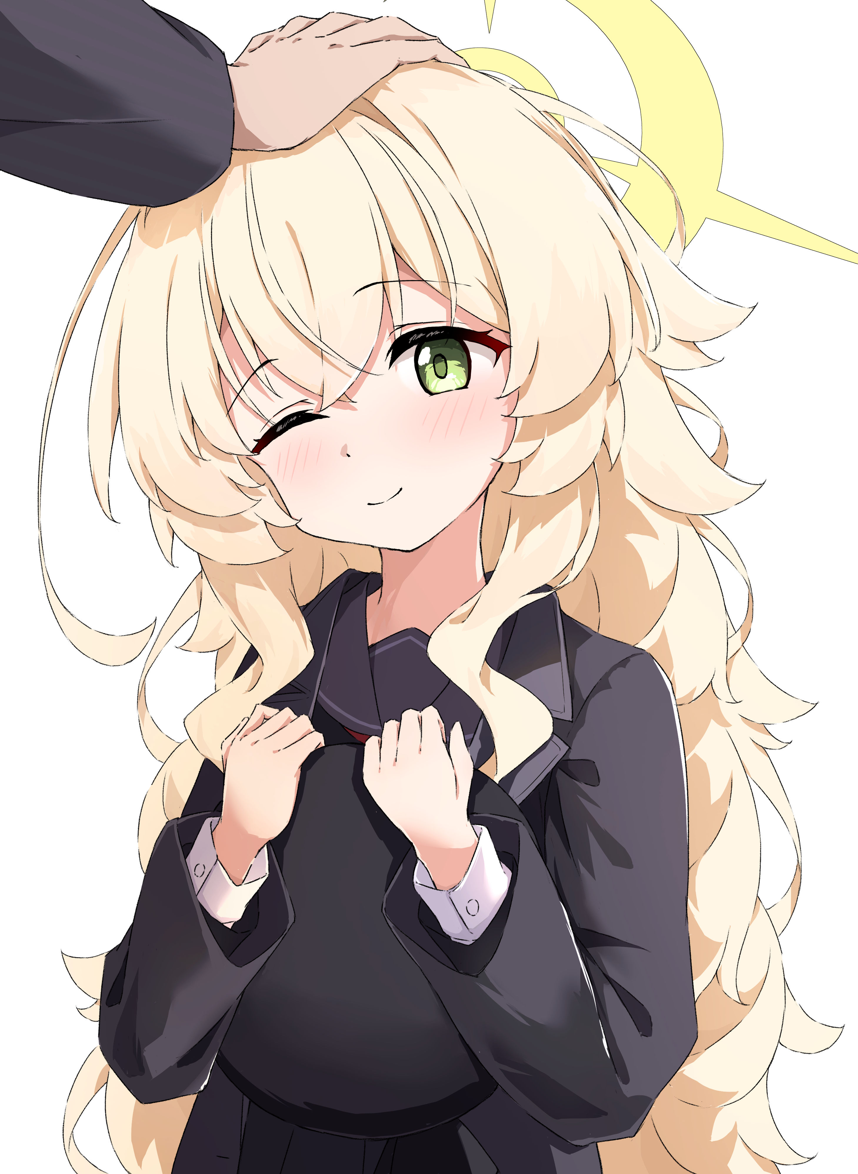 moru (moru20000), professor niyaniya (blue archive), blue archive, fluffy hair, absurdres, commentary, highres, 1girl, 1other, ;), beret, black coat, black hat, black sailor collar, blonde hair, blush, closed mouth, coat, green eyes, hair between eyes, halo, hands up, happy, hat, headpat, holding, holding unworn clothes, holding unworn hat, long hair, long sleeves, one eye closed, open clothes, open coat, sailor collar, school uniform, serafuku, sidelocks, simple background, smile, solo focus, unworn hat, unworn headwear, upper body, very long hair, white background, yellow halo