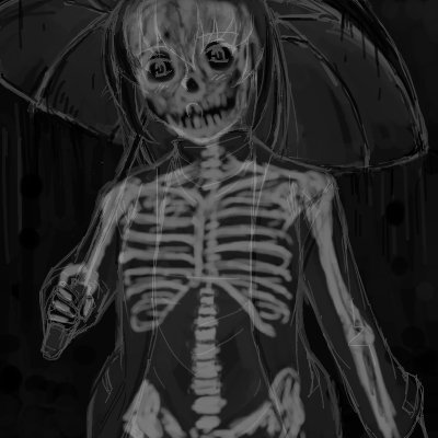 tsuda nanafushi, suigintou, rozen maiden, lowres, 00s, aged up, bone, greyscale, monochrome, skeleton, solo, too literal, umbrella, what, x-ray