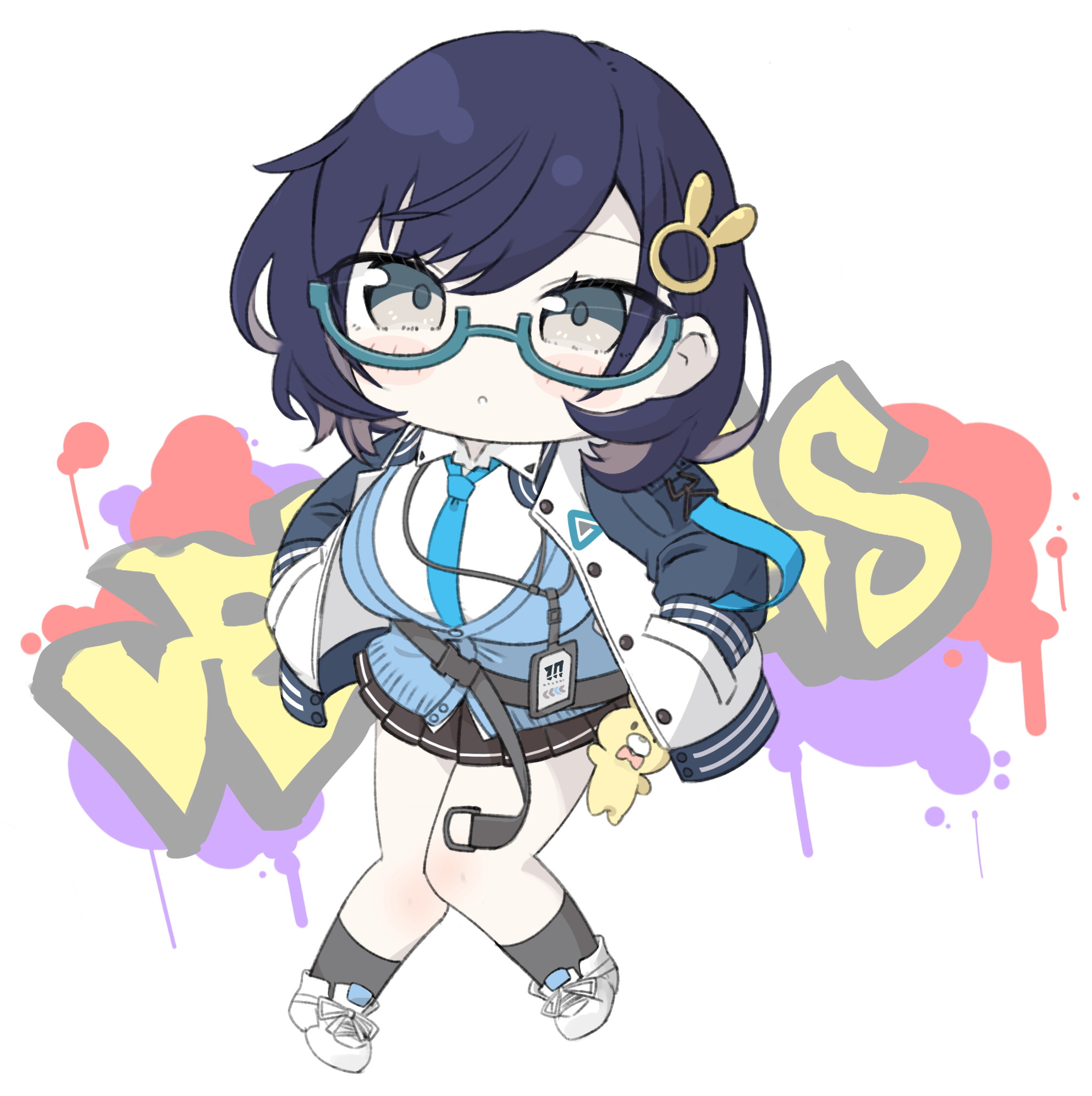 miranofuudoria, chihiro (blue archive), blue archive, commentary request, highres, 1girl, :o, black hair, black skirt, black socks, blue-framed eyewear, blue cardigan, blue necktie, breasts, brown eyes, brown hair, cardigan, chibi, collared shirt, full body, glasses, graffiti, hair ornament, hands in pockets, jacket, knees together feet apart, large breasts, letterman jacket, long sleeves, looking at viewer, multicolored hair, necktie, open clothes, open jacket, parted lips, pleated skirt, puffy long sleeves, puffy sleeves, rabbit hair ornament, school uniform, semi-rimless eyewear, shirt, shoes, simple background, skirt, socks, solo, two-tone hair, under-rim eyewear, white background, white jacket, white shirt, white shoes