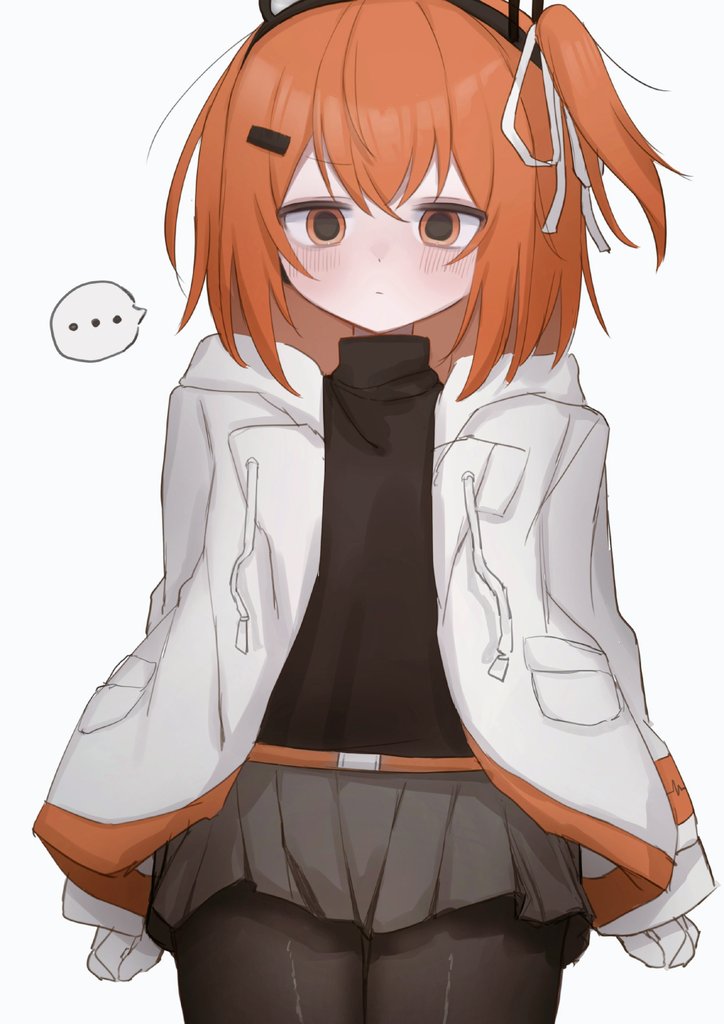 adachi rei, a.i. voice, utau, commentary, symbol-only commentary, …, 1girl, alternate bottom wear, arazan (ara arazan24), arms at sides, belt, black pantyhose, black shirt, blush, closed mouth, cowboy shot, double-parted bangs, gloves, grey skirt, hair ornament, hair ribbon, headset, jacket, jitome, medium hair, miniskirt, one side up, open clothes, open jacket, orange belt, orange eyes, orange hair, pantyhose, pleated skirt, ribbon, shirt, simple background, single eyebrow, skirt, solo, speech bubble, turtleneck, turtleneck shirt, white background, white gloves, white jacket, white ribbon