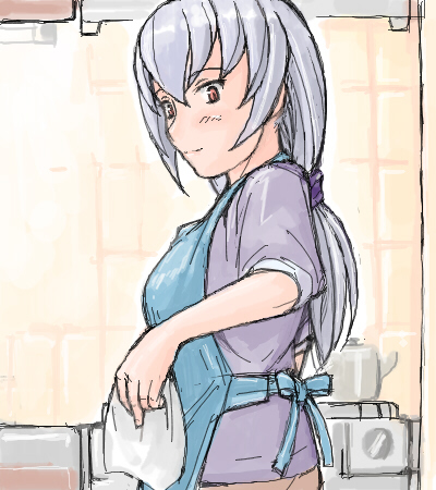 tsuda nanafushi, suigintou, rozen maiden, silver hair, lowres, 00s, aged up, apron, casual, red eyes, solo