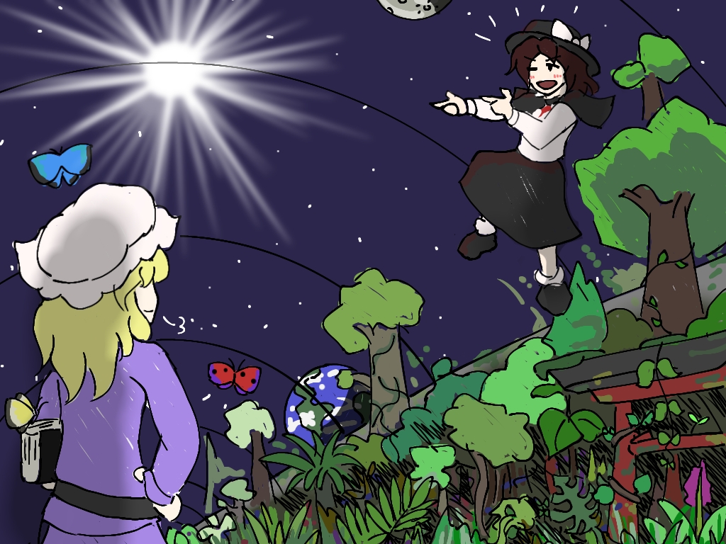 maribel hearn, usami renko, touhou, trojan green asteroid, commentary, 2girls, :d, black capelet, black hat, black shoes, black skirt, blonde hair, blue butterfly, blush, bow, bowtie, brown hair, bug, butterfly, capelet, chuunibyou, closed mouth, collared shirt, double finger gun, earth (planet), finger gun, floating, grass, hair between eyes, hand on own hip, hat, hat bow, holding, insect, kannsoupannpa, leaf, long sleeves, medium hair, mob cap, multicolored butterfly, multiple girls, one eye closed, open mouth, overgrown, planet, plant, puff of air, purple butterfly, purple shirt, purple skirt, red bow, red bowtie, red butterfly, shirt, shoes, short hair, skirt, sleeve cuffs, smile, socks, space station, standing, star (sky), sun, torifune (touhou), torii, tree, vines, white bow, white hat, white shirt, white socks, yellow butterfly