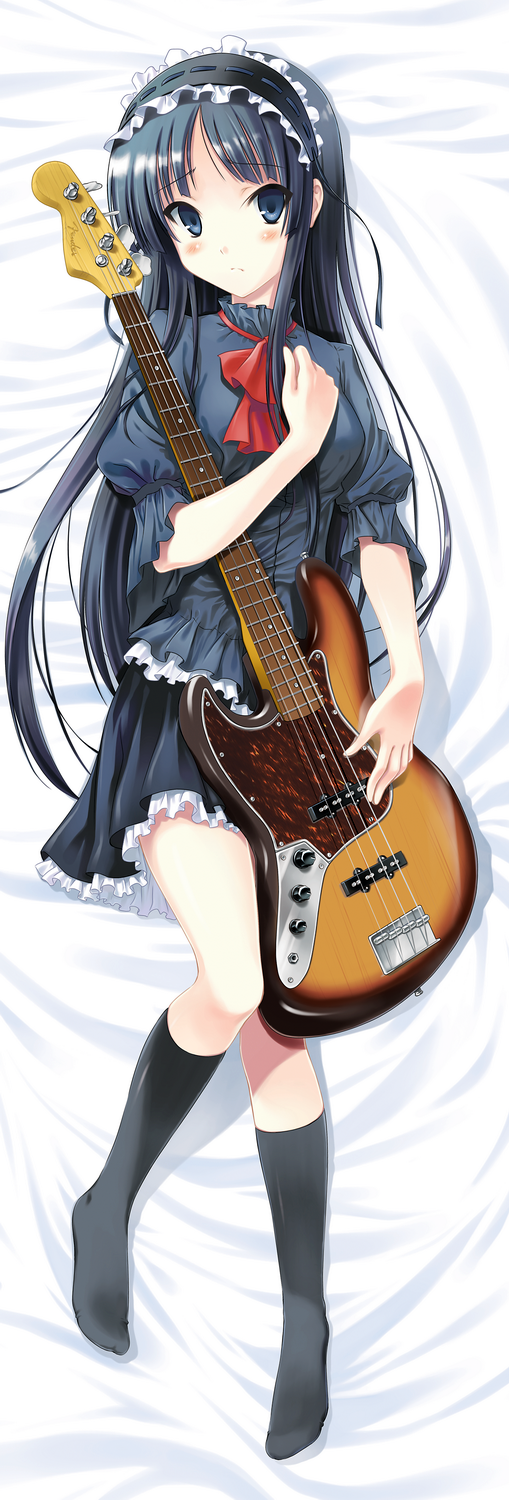 hiten (hitenkei), akiyama mio, fuwafuwa time, k-on!, bad id, bad pixiv id, highres, long image, tall image, 00s, 1girl, bass guitar, black eyes, black hair, black socks, blunt bangs, dakimakura (medium), female focus, full body, guitar, hairband, hime cut, instrument, kneehighs, lolita hairband, long hair, lying, maid, on back, socks, solo