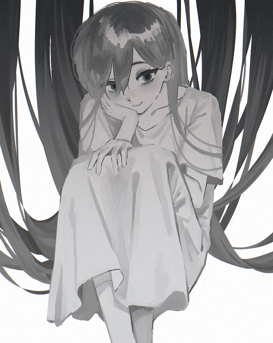 rou (h s sinrin), mari (omori), mari (spirit) (omori), omori, 1girl, bare arms, chromatic aberration, closed mouth, collarbone, double-parted bangs, dress, feet out of frame, film grain, floating hair, greyscale, hair behind ear, hair between eyes, hair over shoulder, hand on own cheek, hand on own face, hand on own knee, hand up, knees up, long dress, long hair, looking at viewer, monochrome, short sleeves, simple background, sitting, smile, solo, straight hair, very long hair, white background