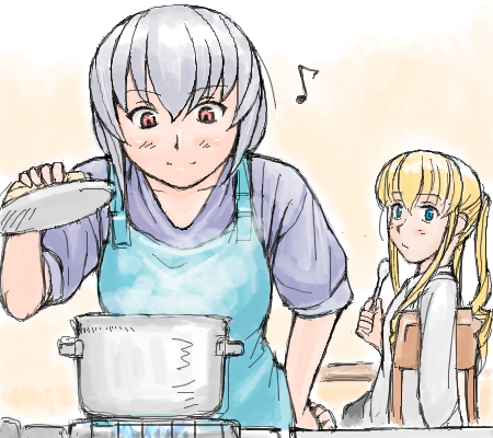 tsuda nanafushi, shinku, suigintou, rozen maiden, silver hair, lowres, 00s, aged up, apron, blonde hair, blue eyes, casual, cooking, long hair, musical note, red eyes, sleeves rolled up